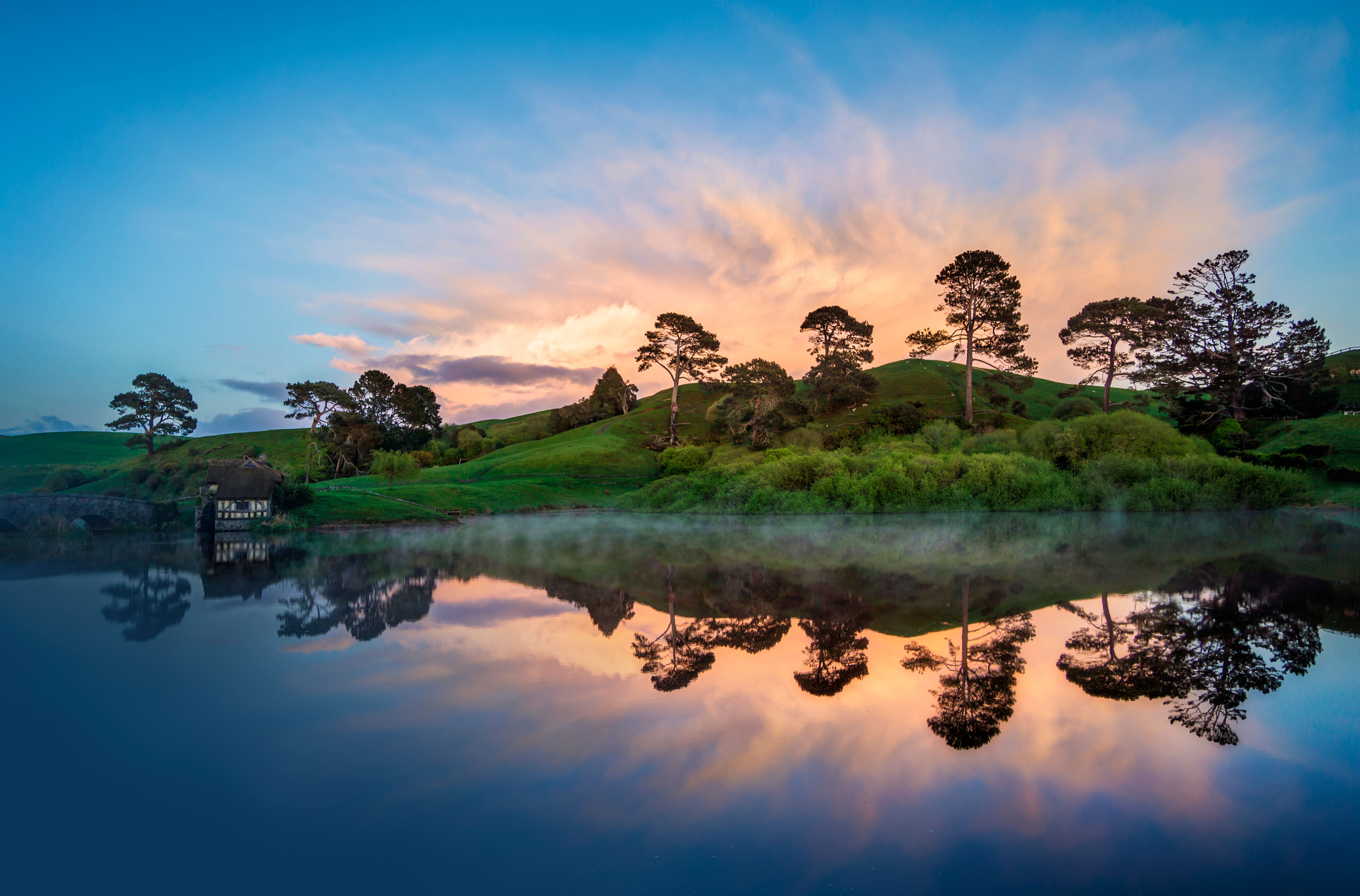 Cloud Hill House Lake New Zealand Pond Reflection Sky Tree Watermill 5769x3802