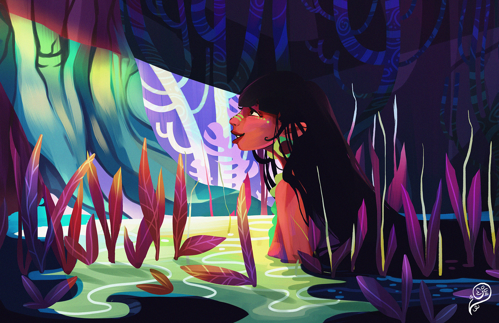 Vanessa Morales Illustration Colorful Women Brunette Long Hair Nature Water Plants Trees Sheet River 1700x1100