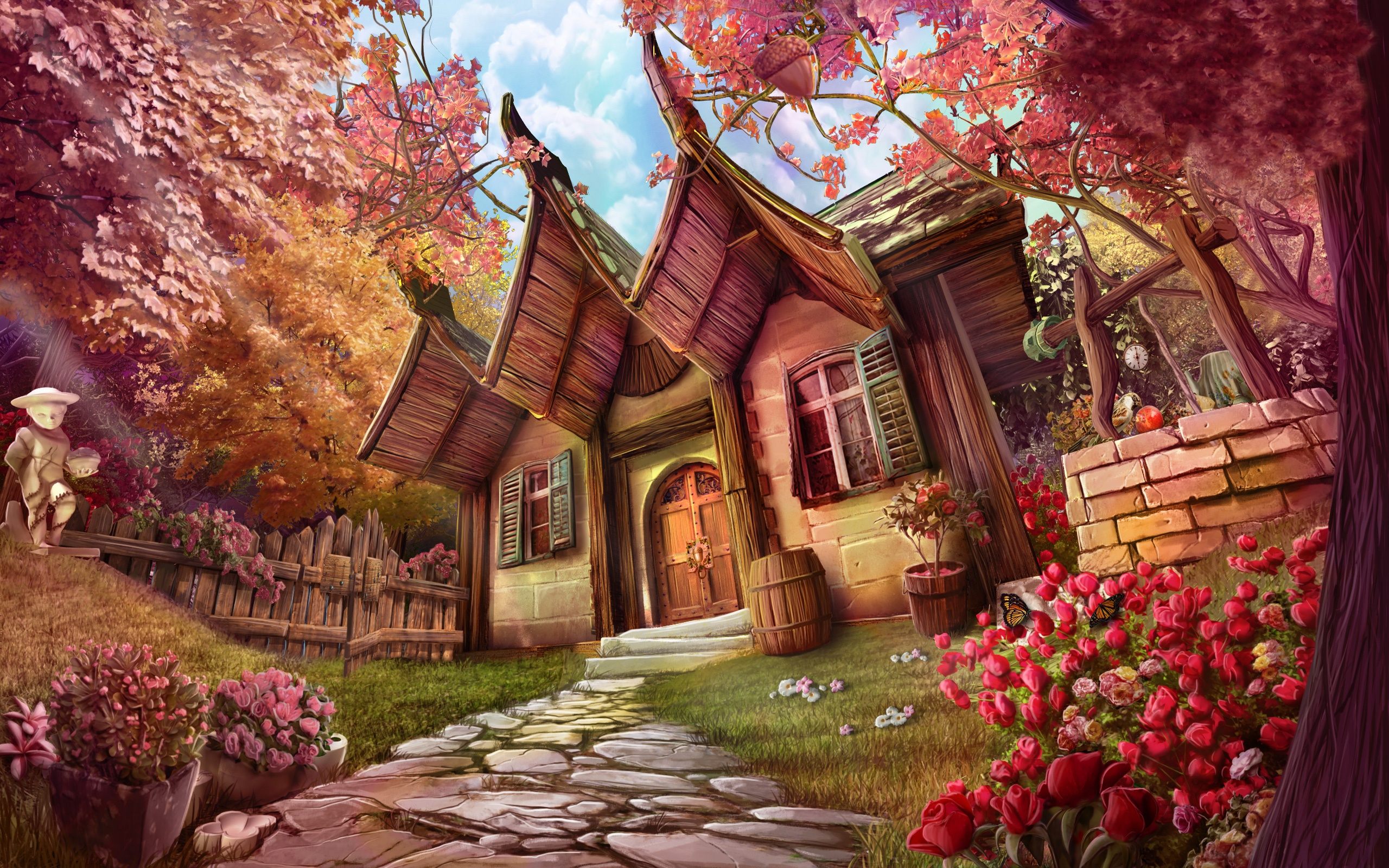 Artistic Flower House Path Tree 2560x1600