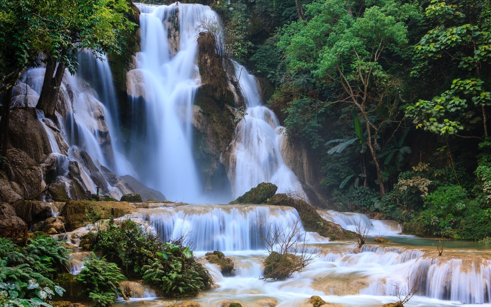 Forest Kuang Si Waterfall Laos Nature Rock Tree Tropical Waterfall 1920x1200