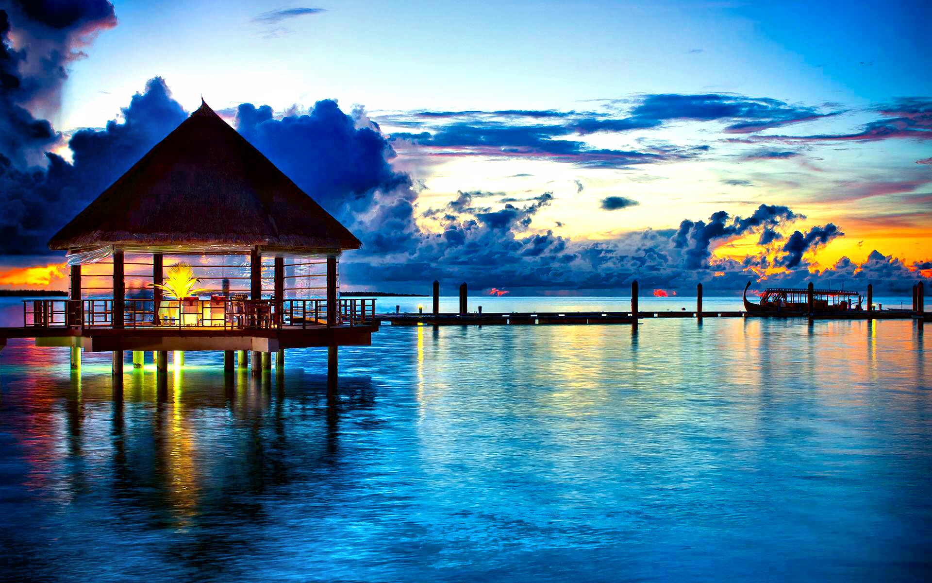 Azure Blue Cloud Horizon Maldives Reflection Summer Sunset Tropical 1920x1200