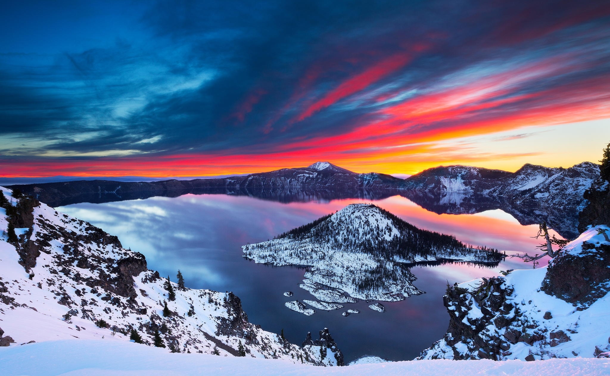 Earth Forest Lake Oregon Sky Snow Sunrise Sunset Winter 2048x1263