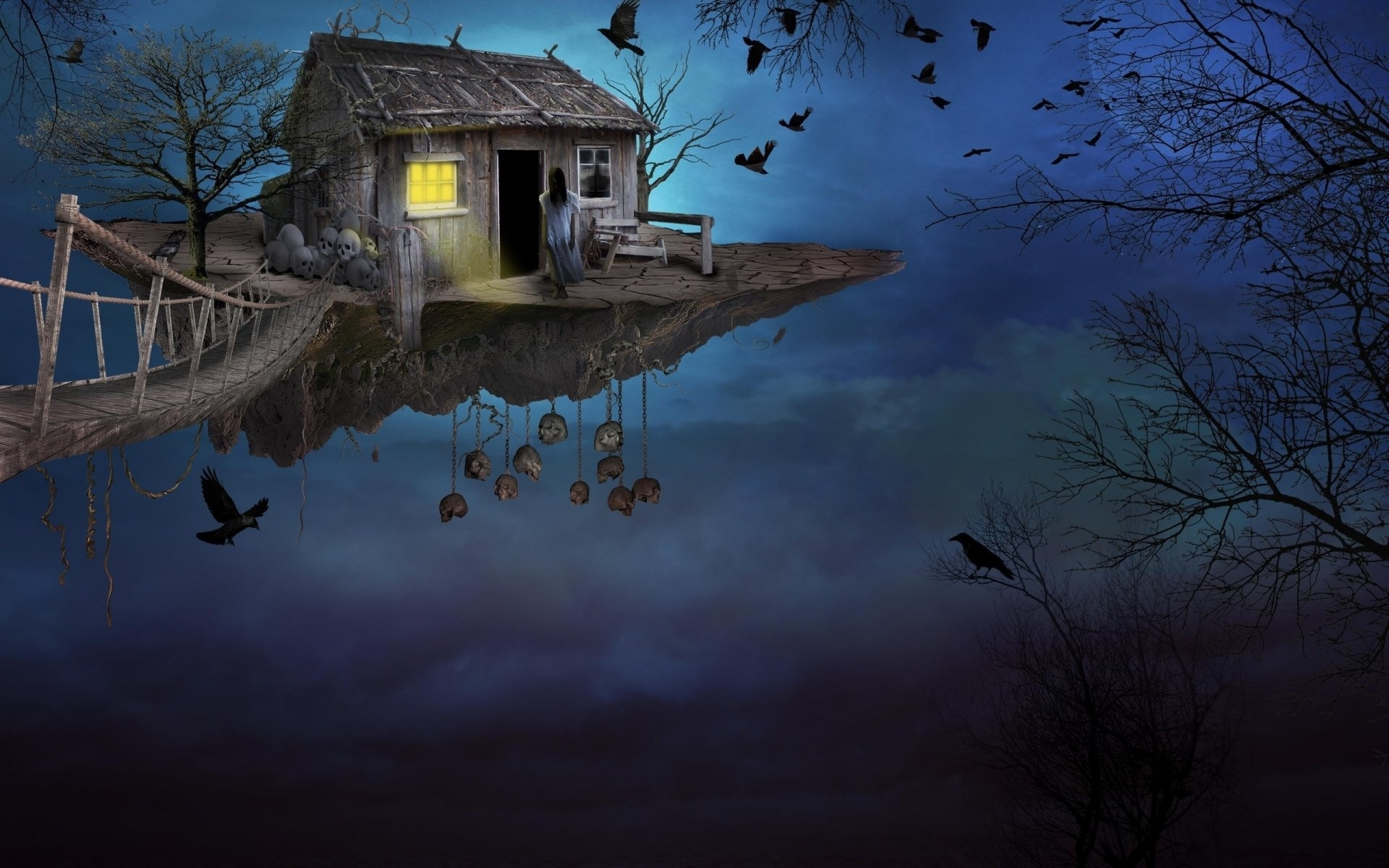 Fantasy Floating Island Girl Gothic House Raven Skull Sky 1920x1200