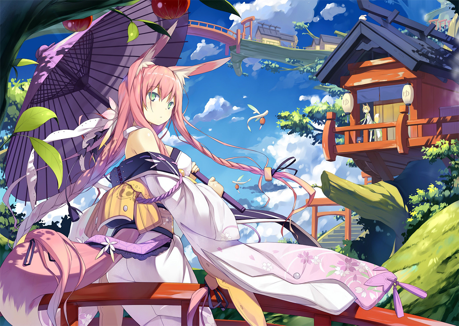 Animal Ears Girl Kitsune Oriental Original Anime Parasol Pink Hair Tail 1920x1365