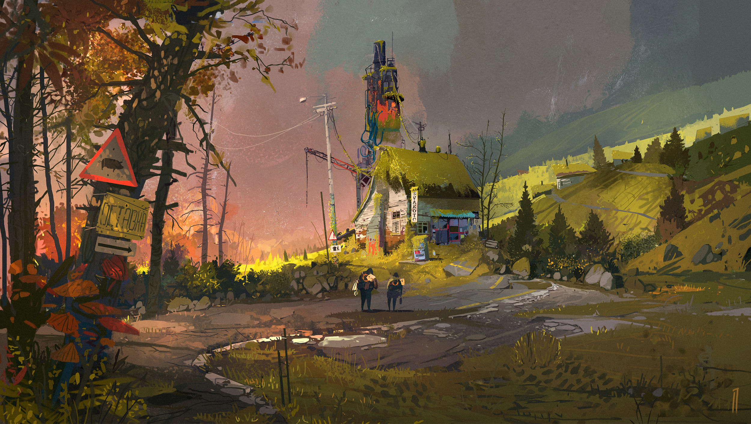 Ismail Inceoglu Digital Art Forest Power Lines Signs Shack Ruins Mushroom 2500x1414