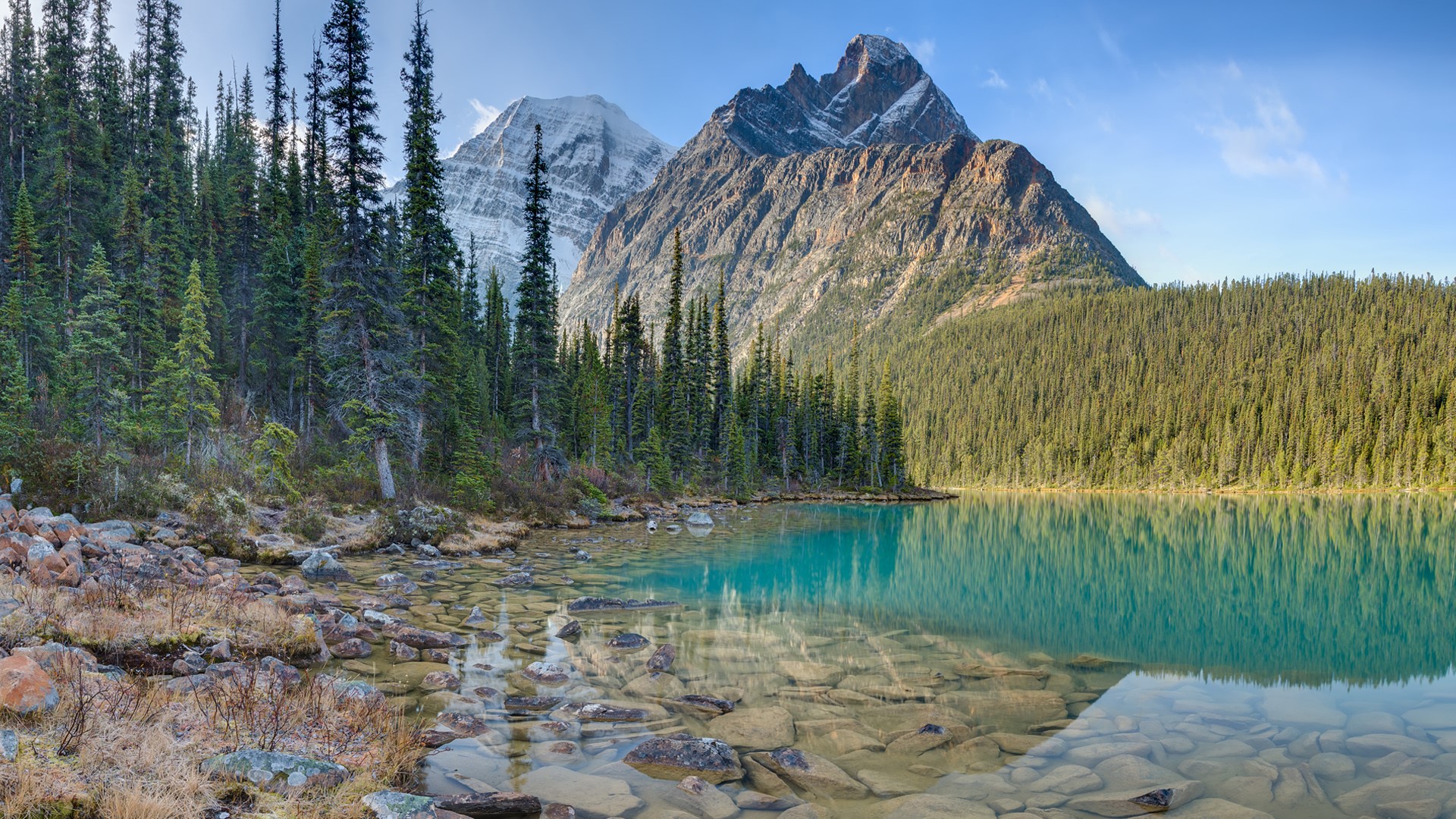 Nature Landscape Trees Rocks Forest Lake Clear Water Snowy Mountain Mountains Sky Clouds Mount Edith 1920x1080