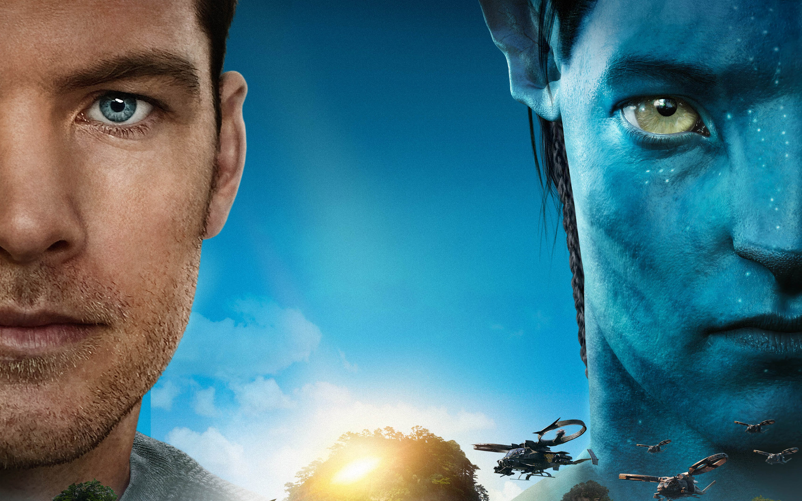 Avatar Blue Eyes Brown Hair Helicopter Jake Sully Sky Yellow Eyes 2560x1600