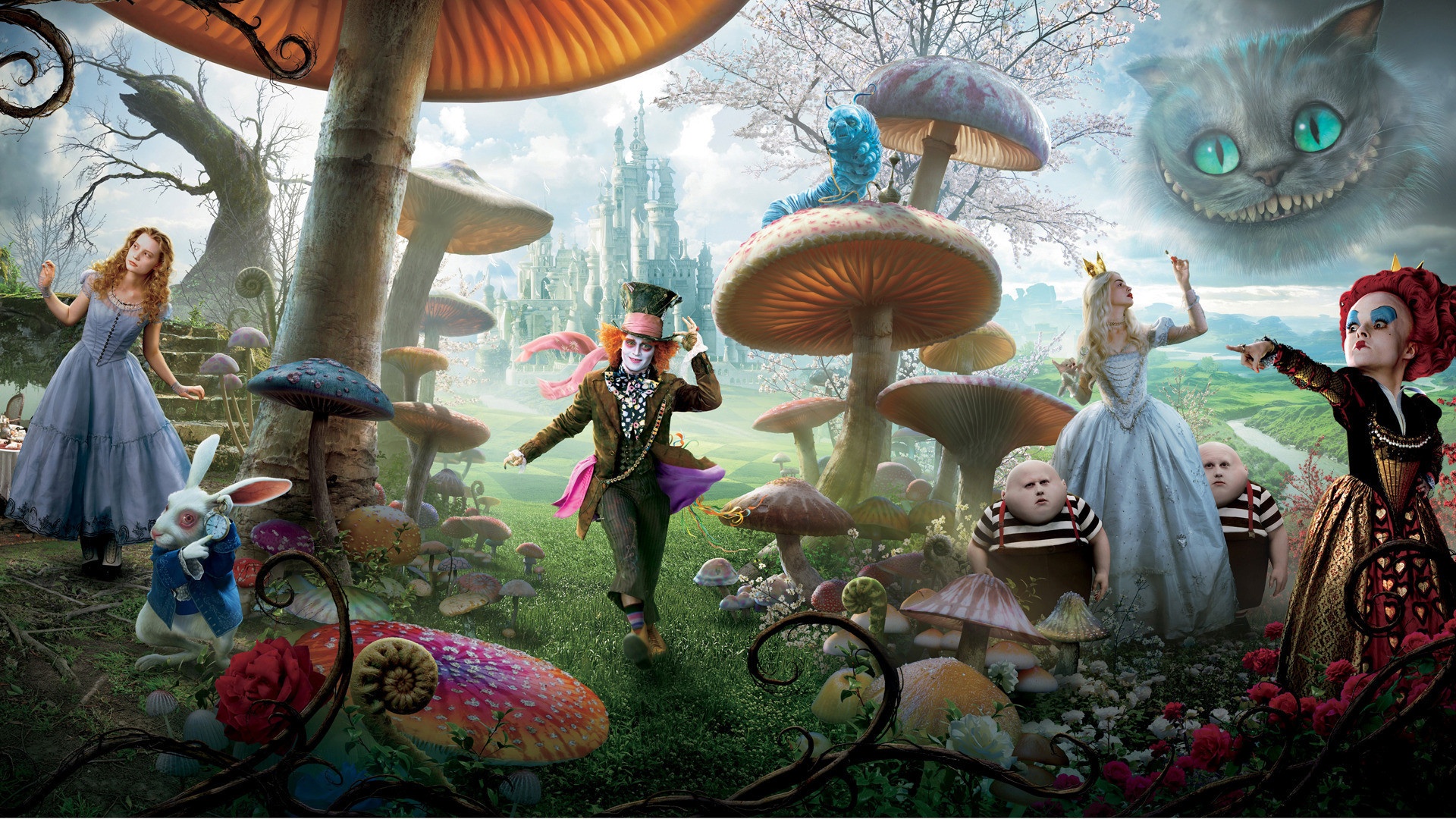 Alice In Wonderland Anne Hathaway Cheshire Cat Johnny Depp Mad Hatter Queen Of Hearts Tweedledee Twe 1920x1080