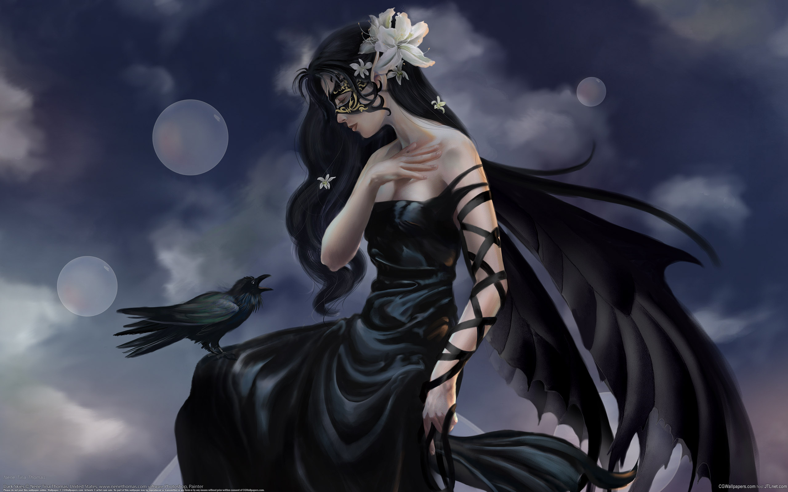 Fantasy Flower Raven Woman 2560x1600