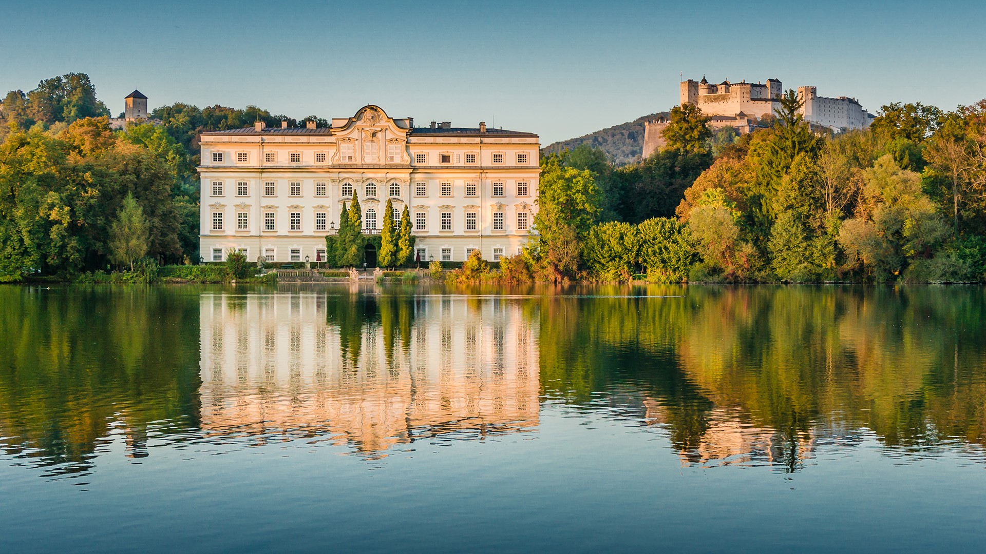 Landscape Trees Water Water Ripples Sky Schloss Leopoldskron Fortress Hohensalzburg Fortress Hotel A 1920x1080