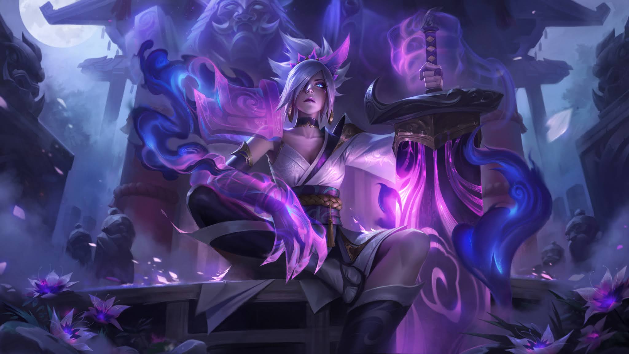 Riven League Of Legends Riven Spirit Blossom League Of Legends Purple Background 2048x1152