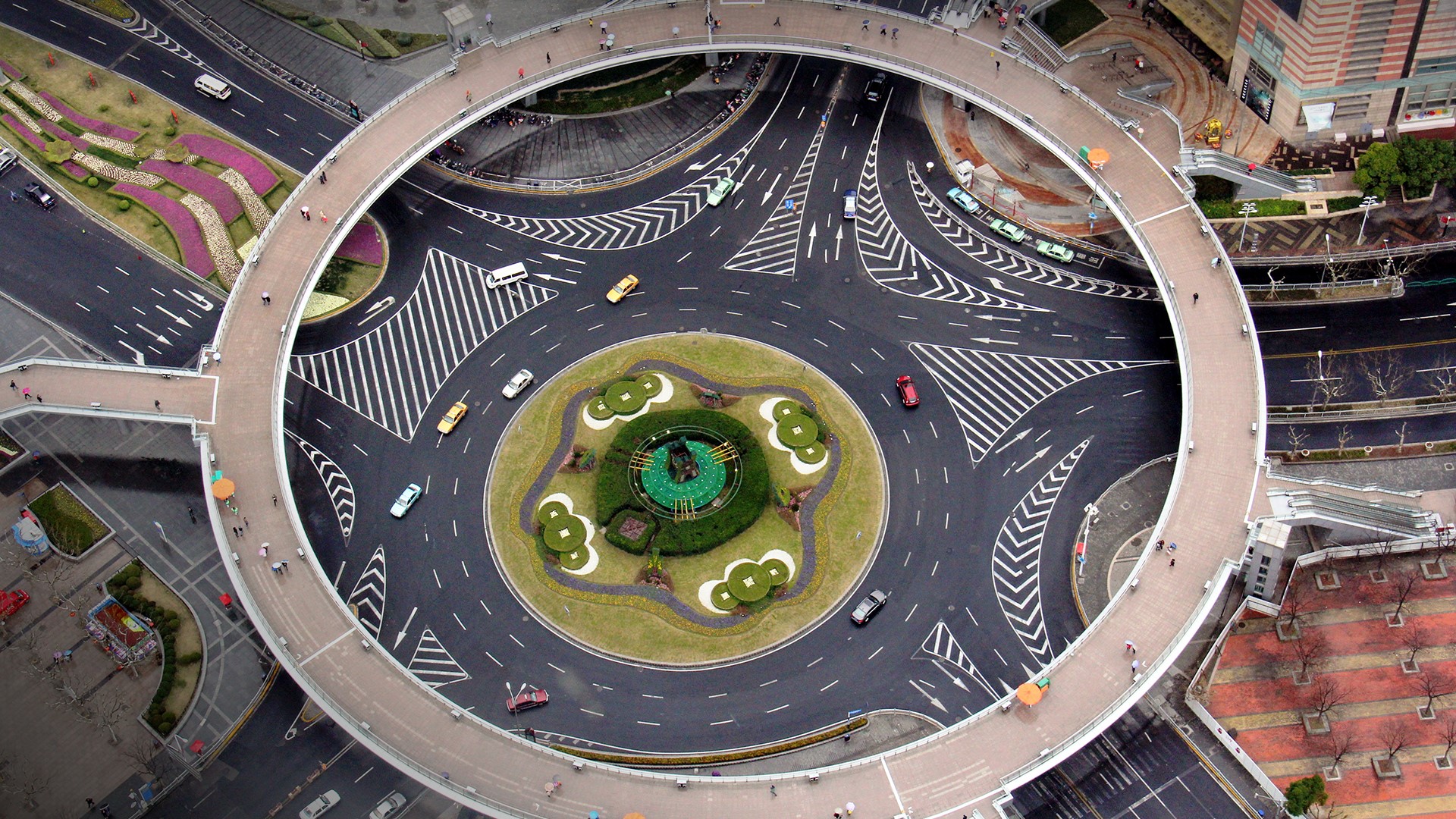 Road Architecture Car Building Plants Path Roundabouts Mingzhu Roundabout Shanghai China 1920x1080