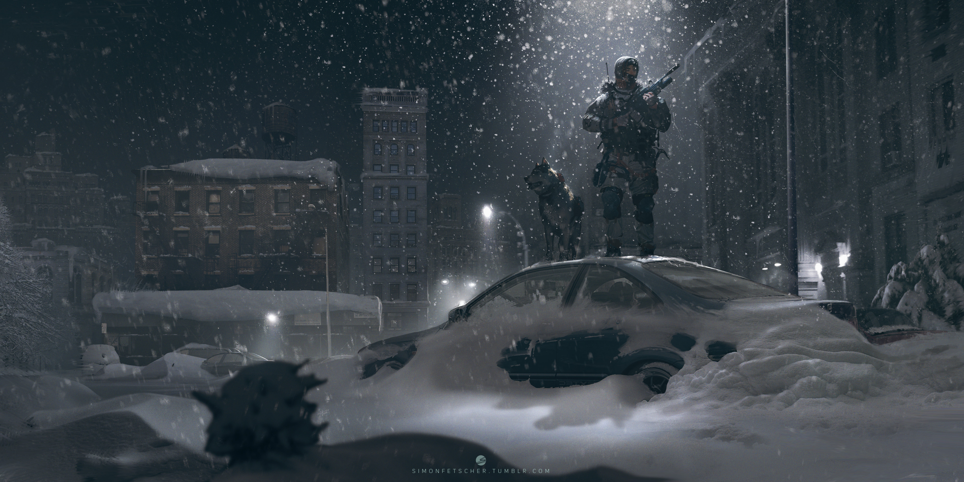 Soldier Winter Snow Snowing Snow Covered Snow Flakes Building Car Street Light Lights Dark Night Dog 3840x1920