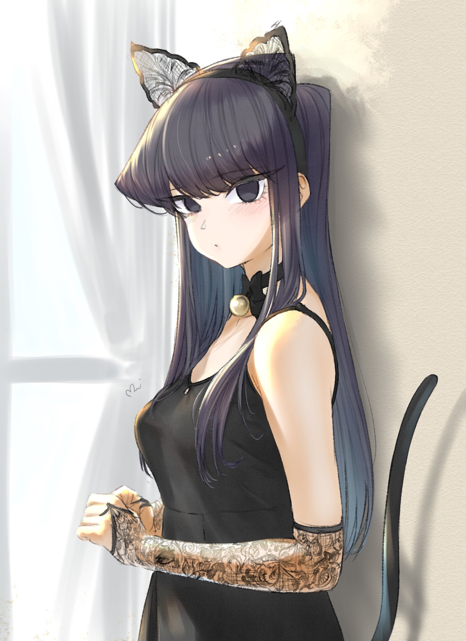 Komi San Wa Comyushou Desu Long Hair Black Hair Black Dress Long Sleeves Bare Shoulders Nekomimi Cat 1489x2048