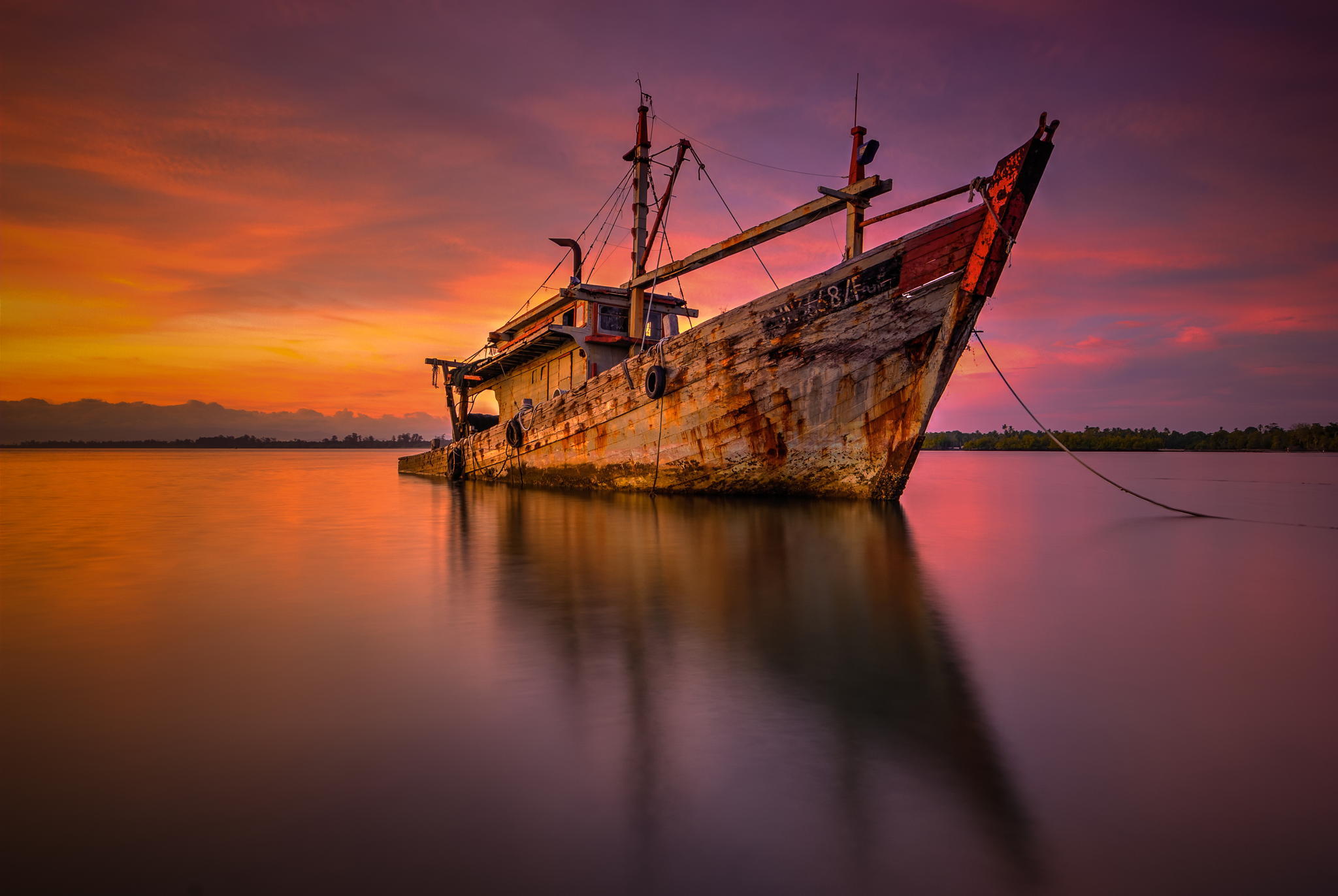 Boat Purple Reflection Sunset Wreck 2048x1372