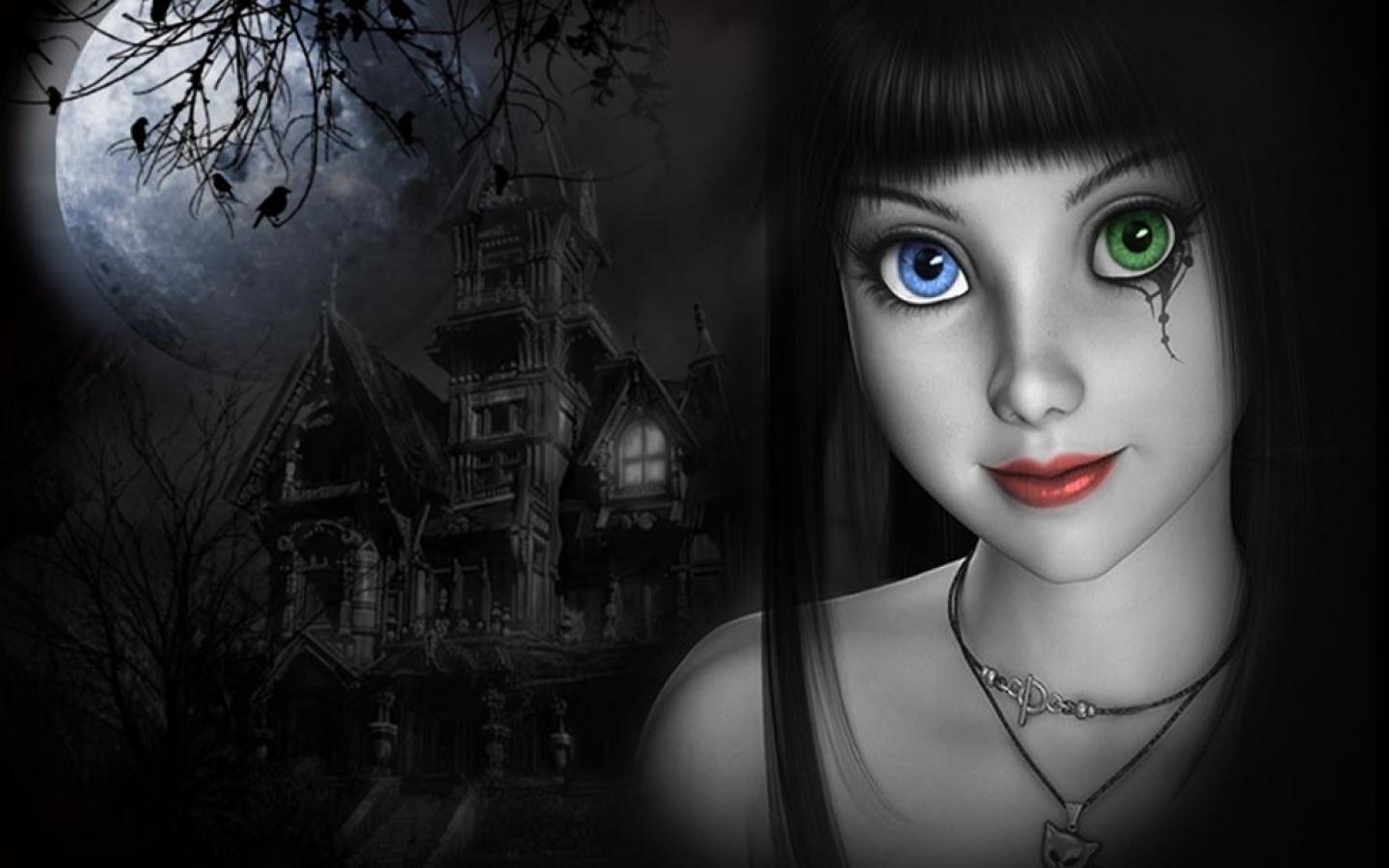 Fantasy Girl Haunted Heterochromia House Moon 1440x900