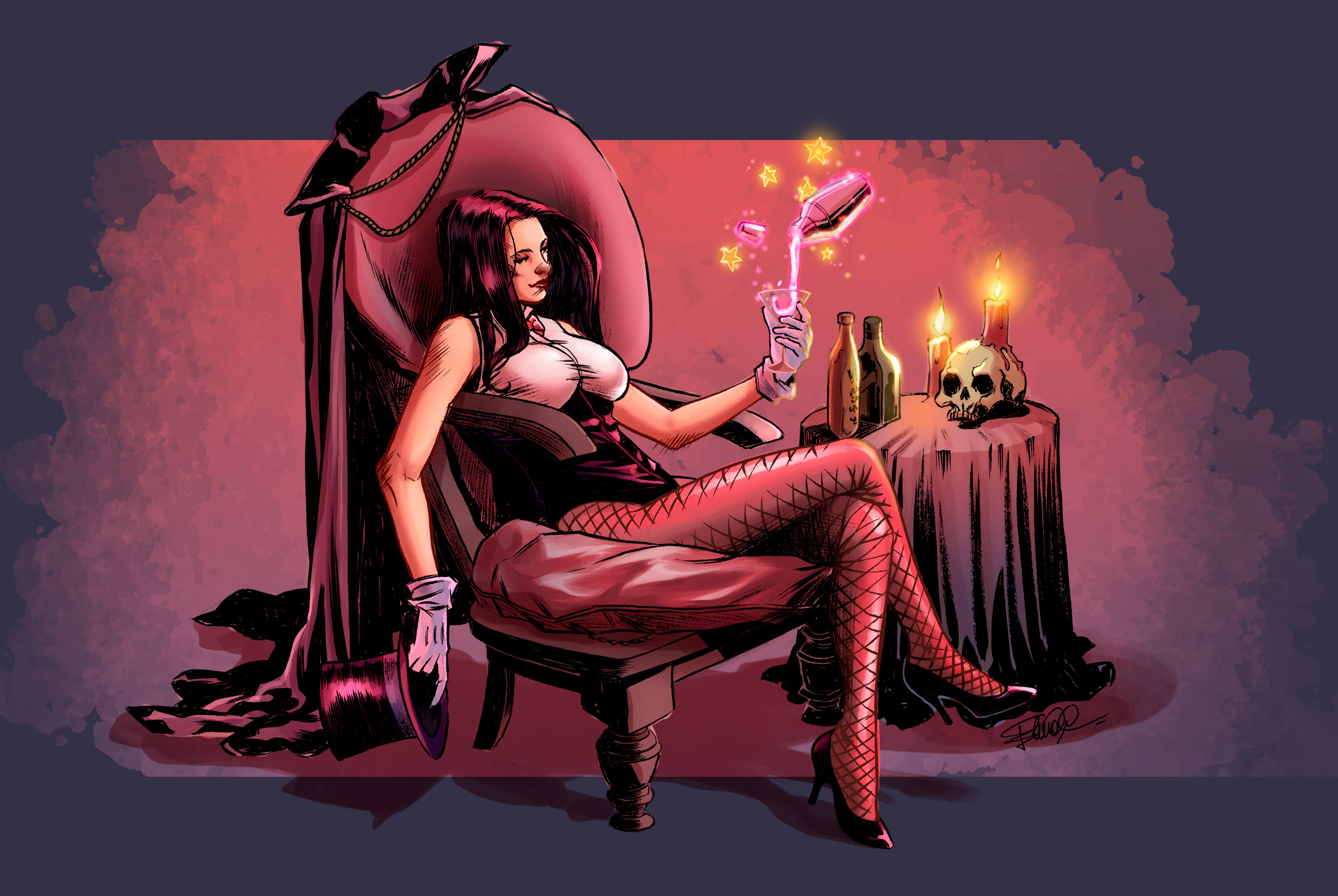Bottle Candle Chair Dc Comics Drink Fishnet Girl Glass Glove Hat High Heels Sitting Smile Zatanna 2704x1811
