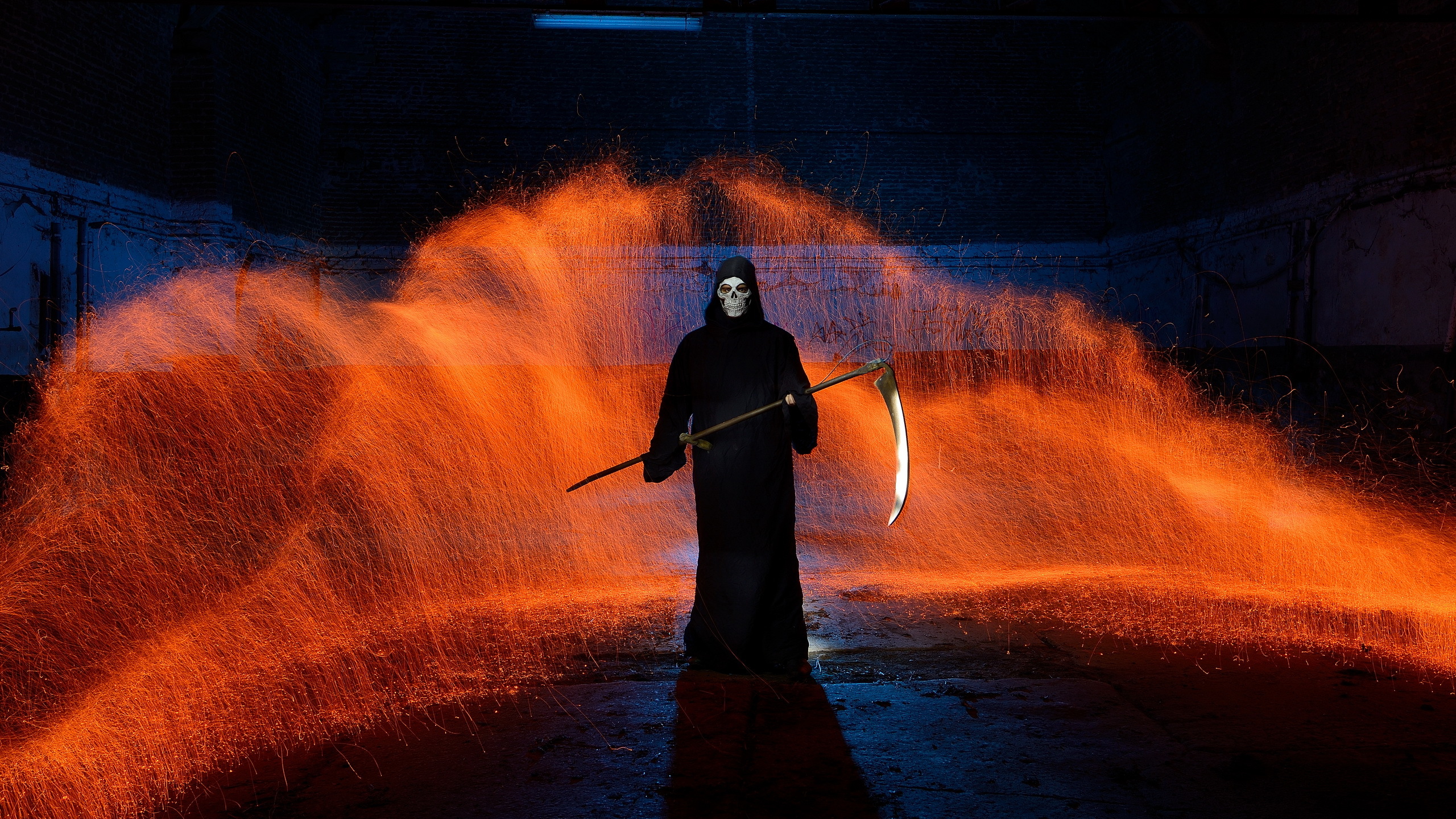 Artistic Dark Grim Reaper Scythe Orange Color 2560x1440