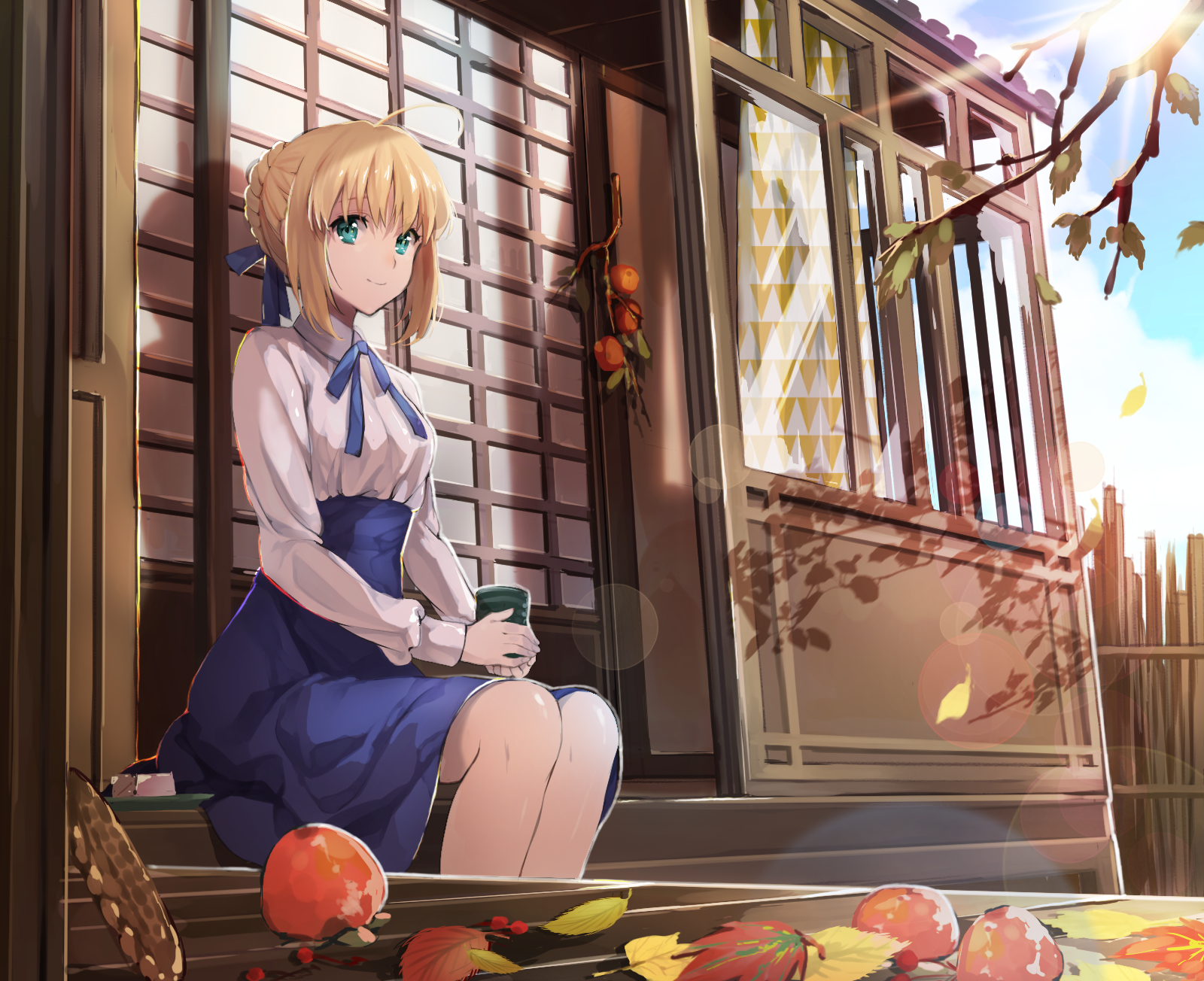 Fate Series Fate Stay Night Fall Sunset Blue Skirt Long Hair Blond Hair Anime Girls Tea Time Smiling 1600x1304