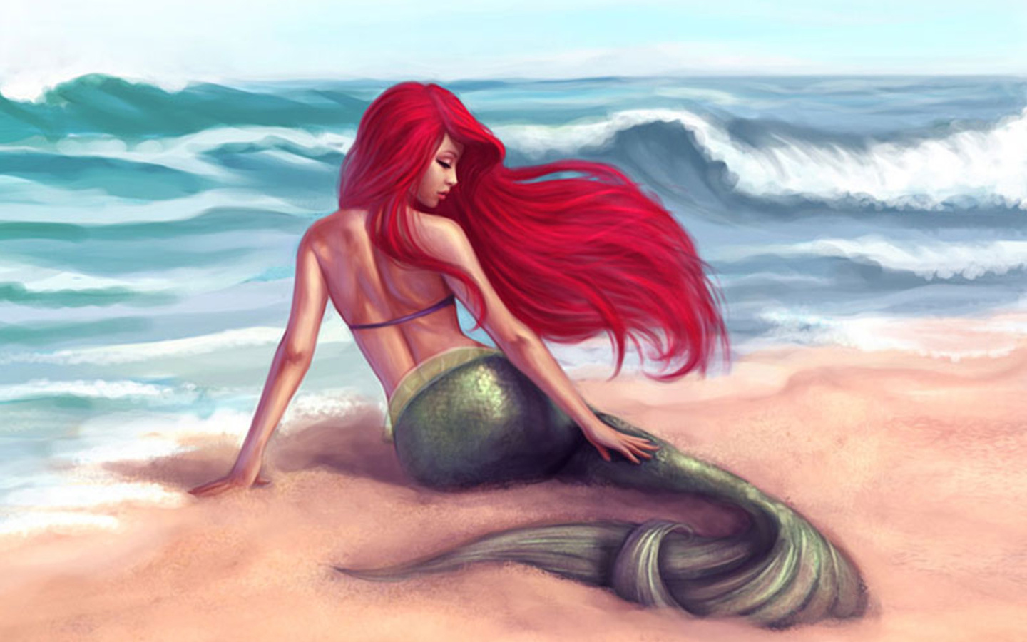 Ariel The Little Mermaid Beach Long Hair Mermaid Ocean Red Hair The Little Mermaid 1440x900