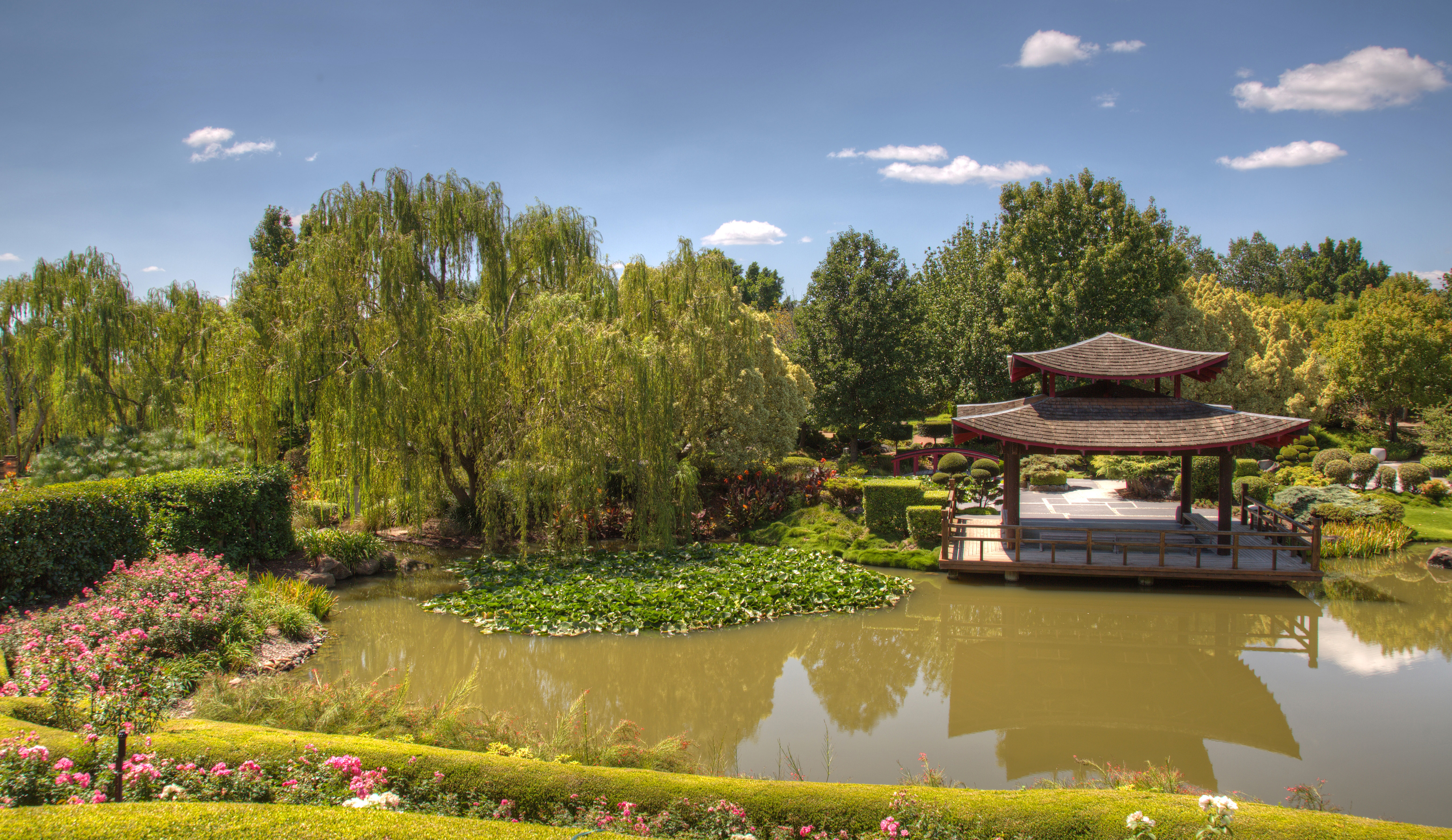 Japanese Garden Pagoda Park Pond Tree 4320x2500