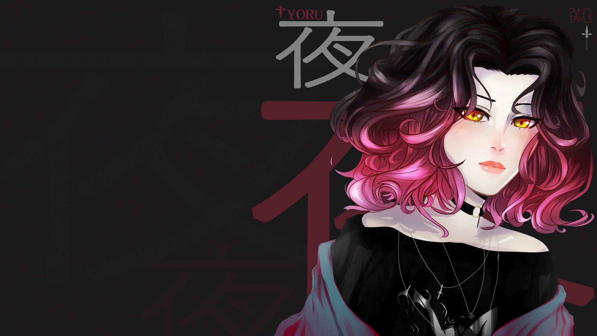 Anime Anime Girls Pink Hair Dark Hair Dark Background Digital Art PanosStamo 1920x1080