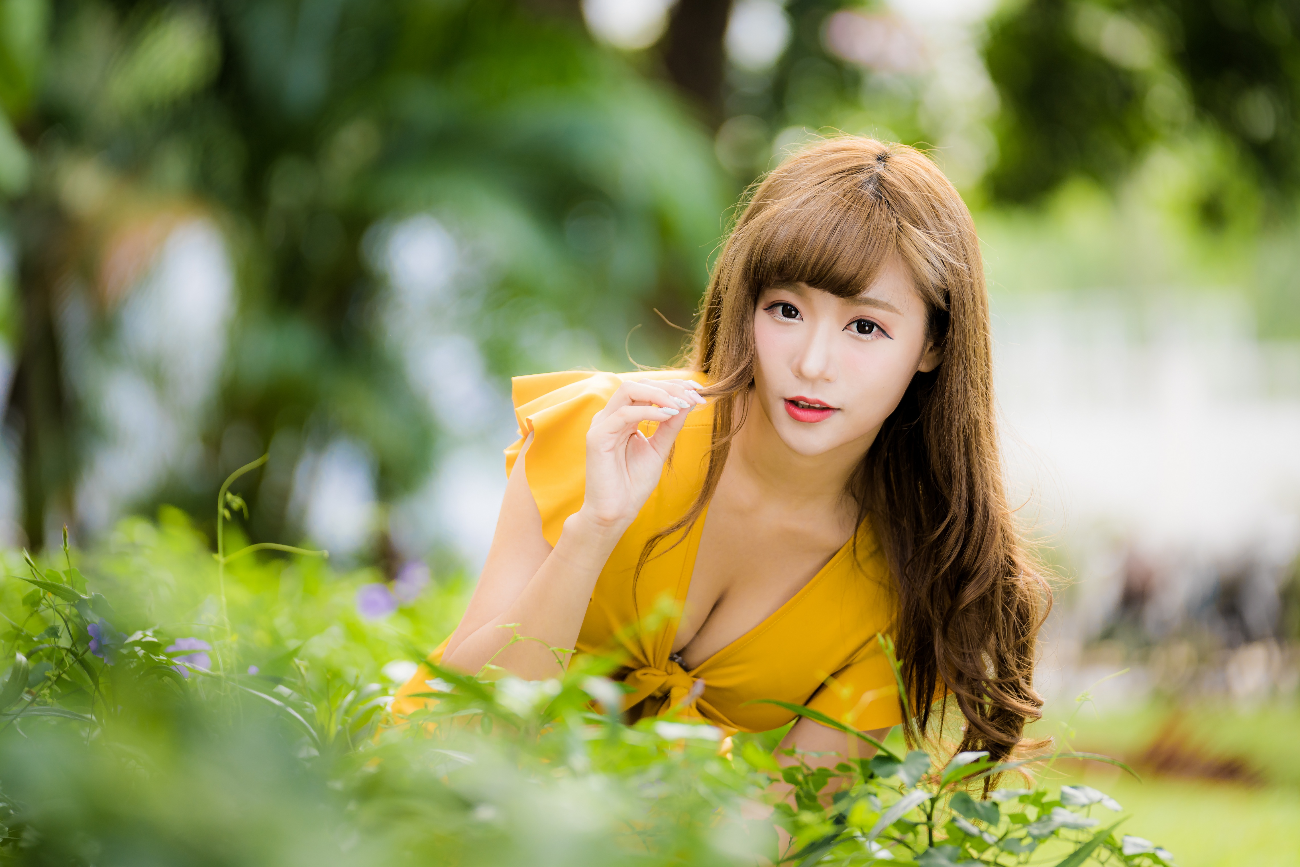 Asian Women Model Long Hair Brunette Yellow Tops Trees Bushes Grass Depth Of Field 4562x3041