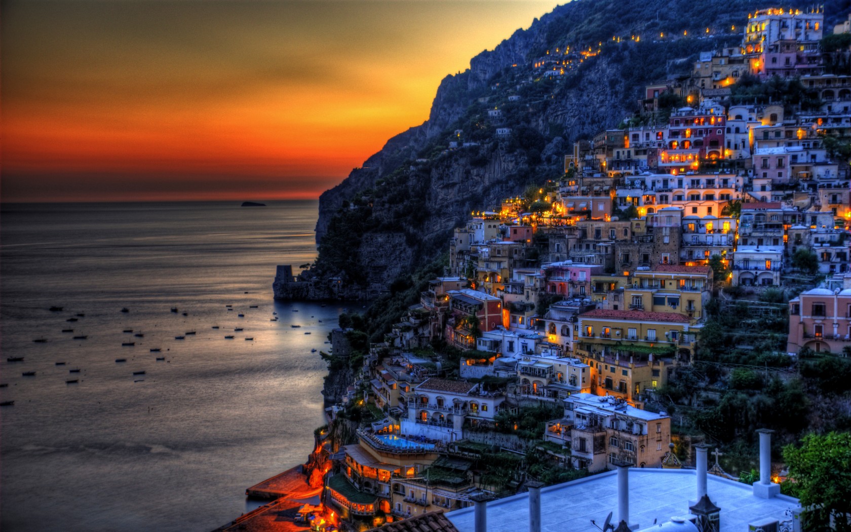 Coast Hdr House Italy Light Man Made Night Ocean Positano Town 1680x1050