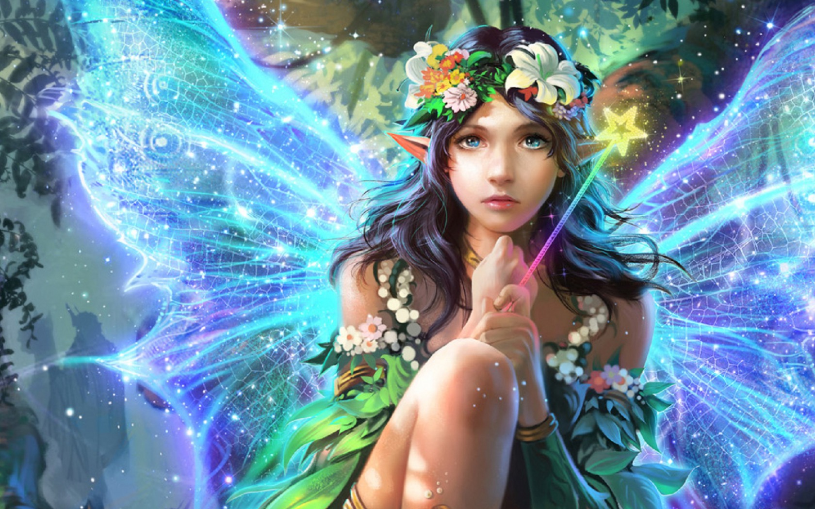 Blue Eyes Fairy Flower Girl Wand Wings Wreath 1680x1050