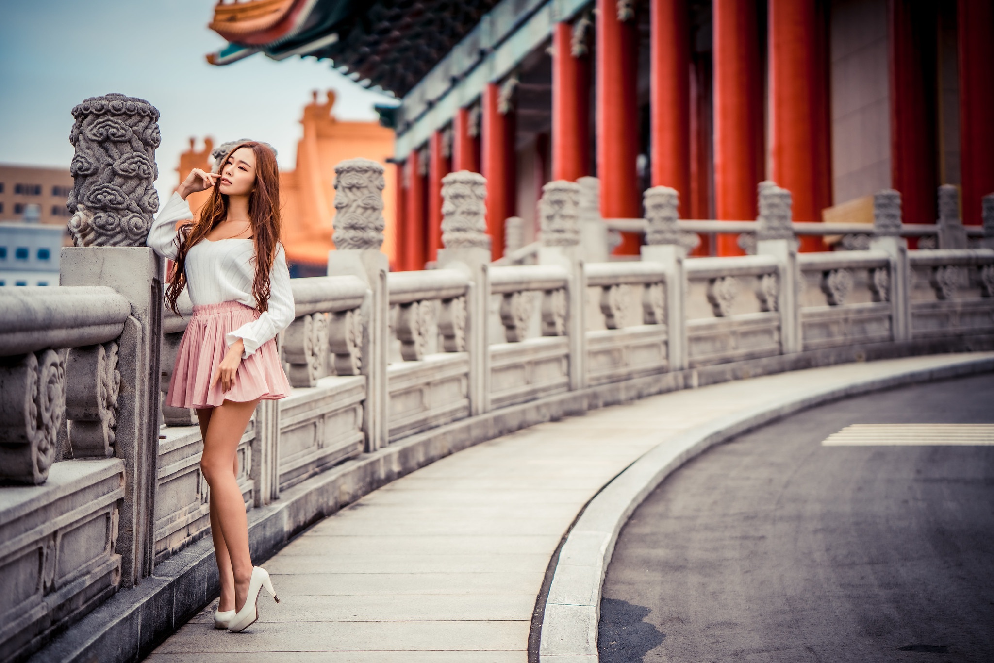 Asian Model Women Long Hair Brunette Skirt Blouse White High Heels Railing Leaning Old Building 2048x1366
