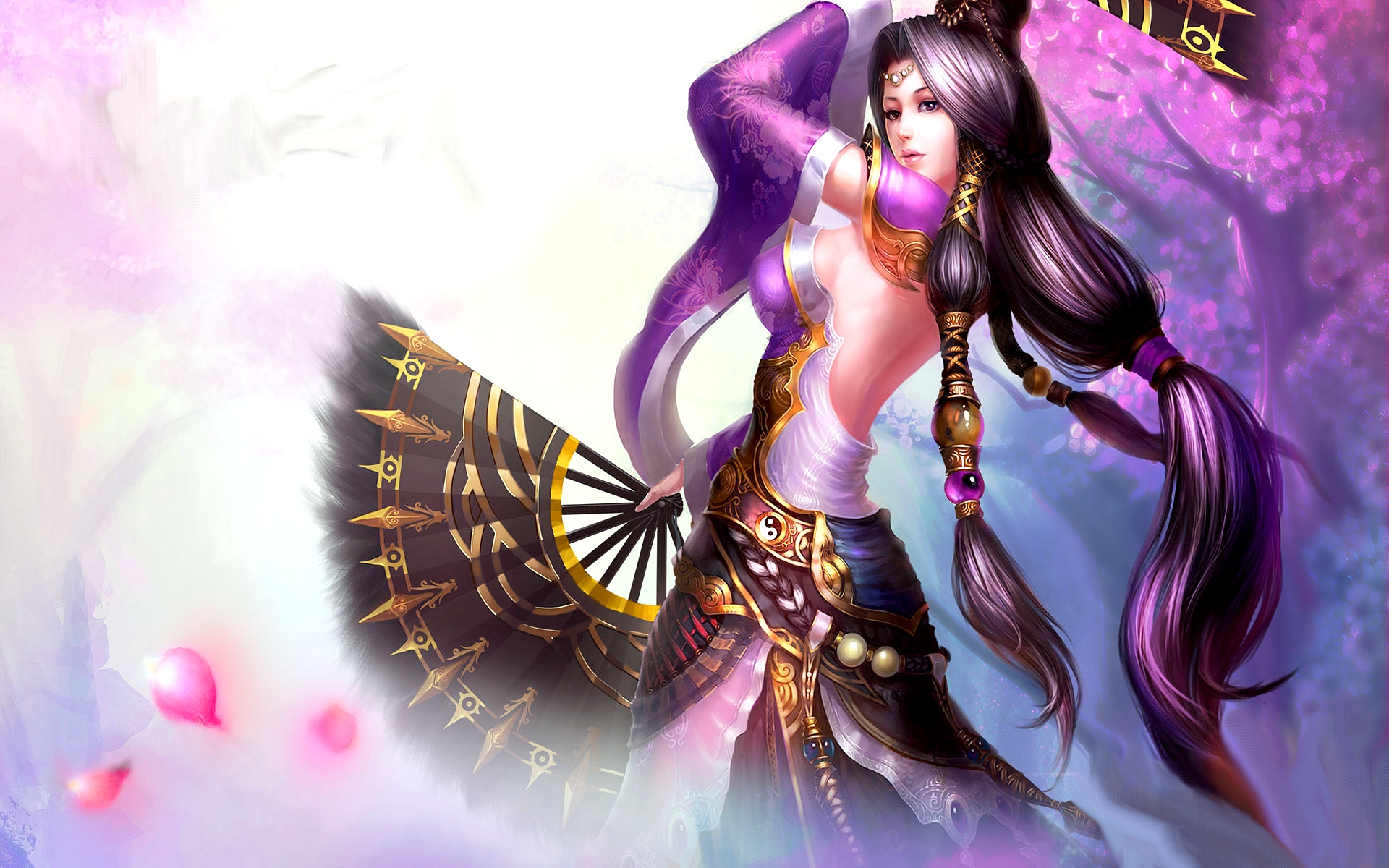Brunette Fantasy Goddess Long Hair Oriental Purple Purple Eyes Woman 1920x1200