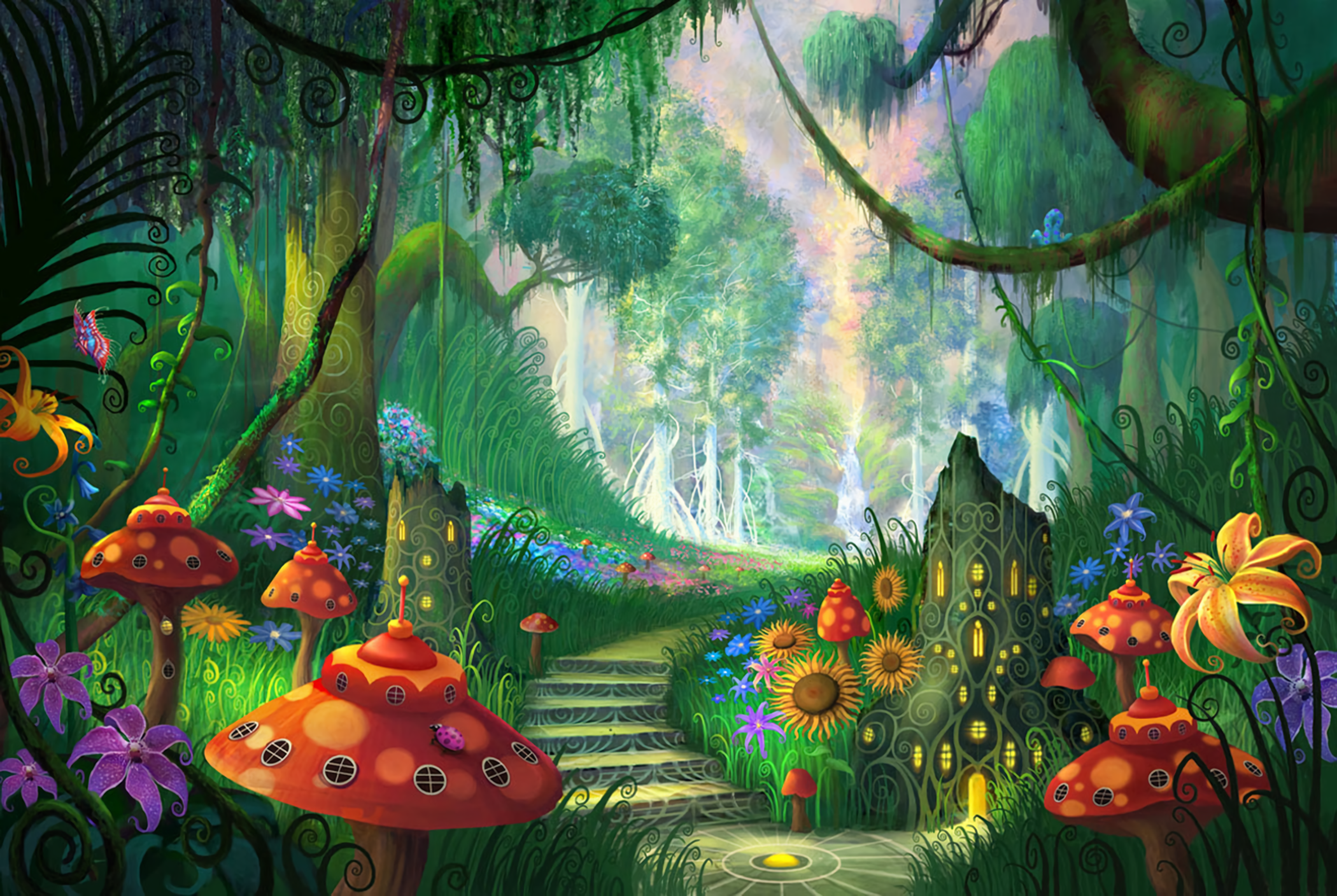 Fantasy Flower Forest Mushroom Stairs Wallpaper - Resolution:2100x1408 -  ID:928971 