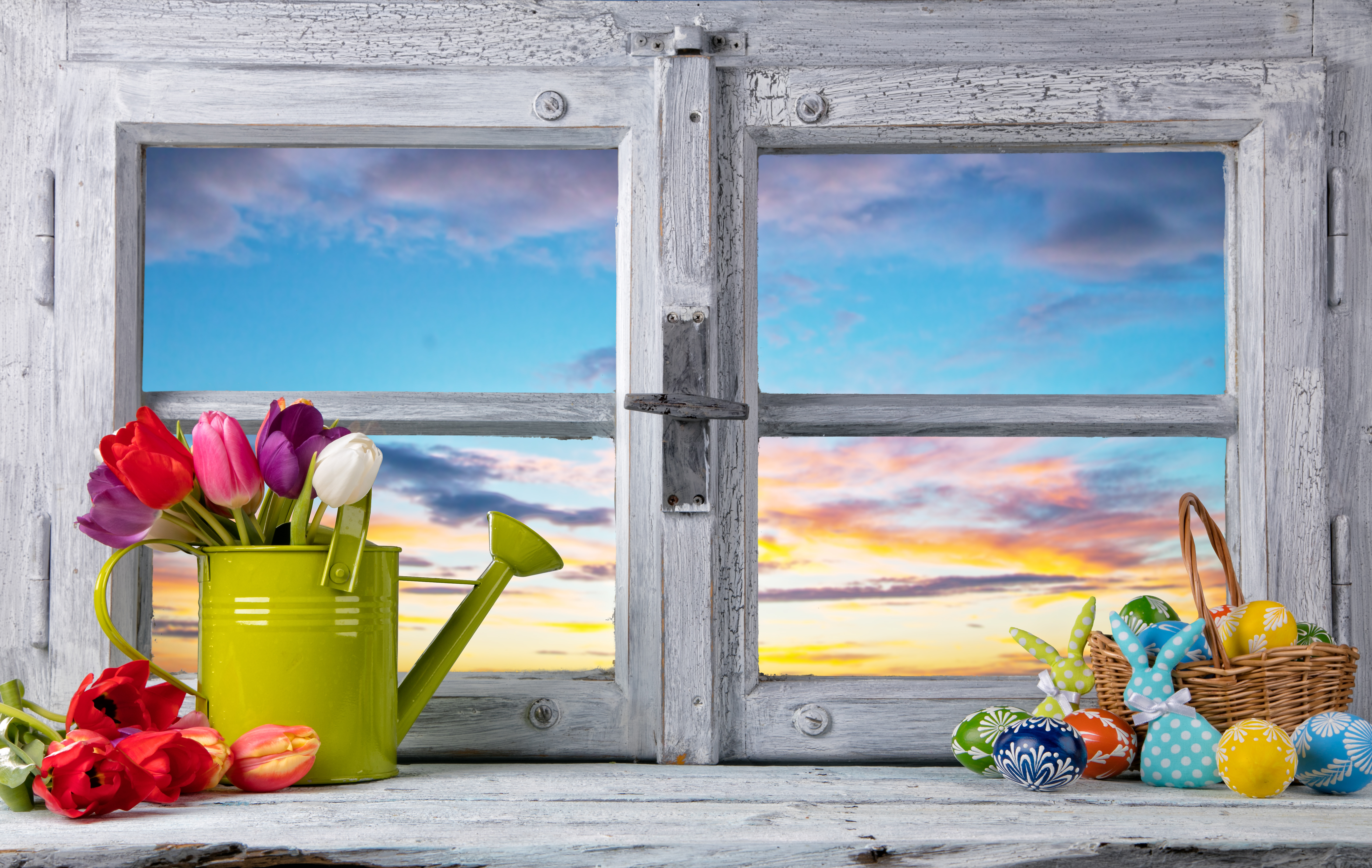 Basket Colorful Easter Flower Holiday Sunset Tulip Watering Can Window 6258x3959