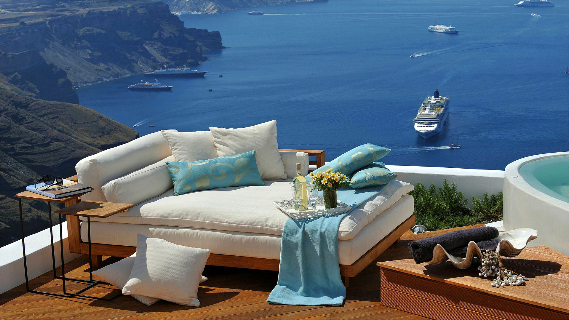 Cruise Ship Cushion Greece Holiday Lounge Ocean Pillow Santorini Ship Sofa 1920x1080