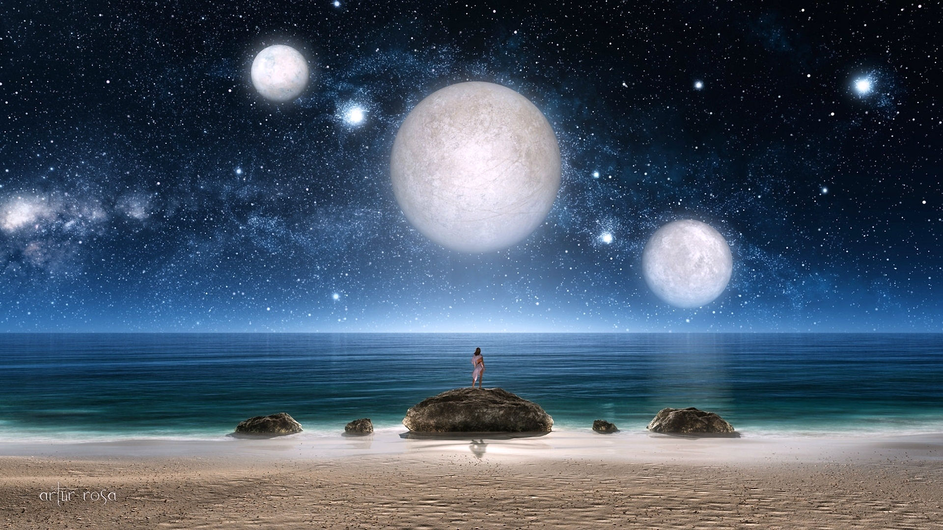 Alone Artistic Girl Moon Ocean Planet Sea Sky Woman 1920x1080