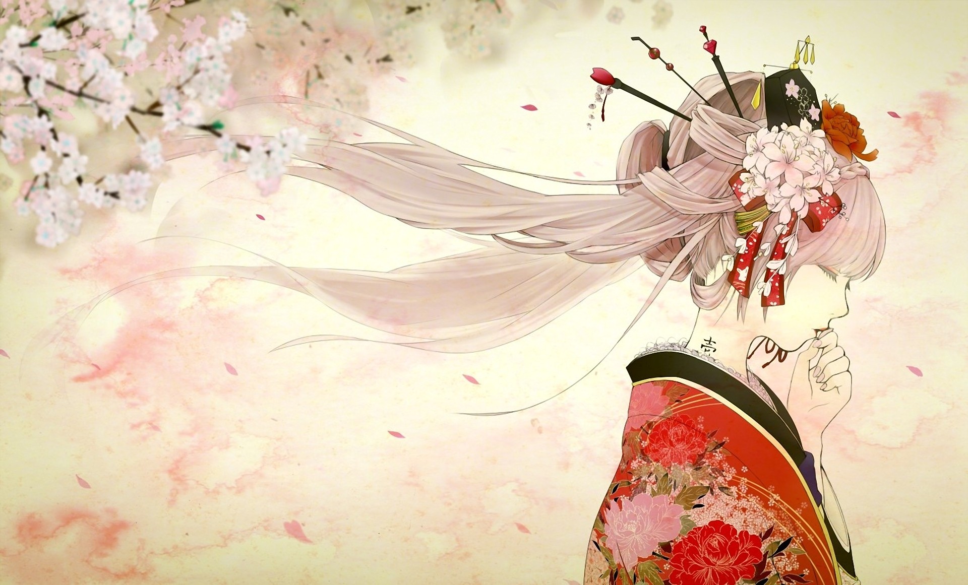 Artistic Asian Drawing Flower Girl Kimono Long Hair Oriental Pink Hair Sakura 1920x1161