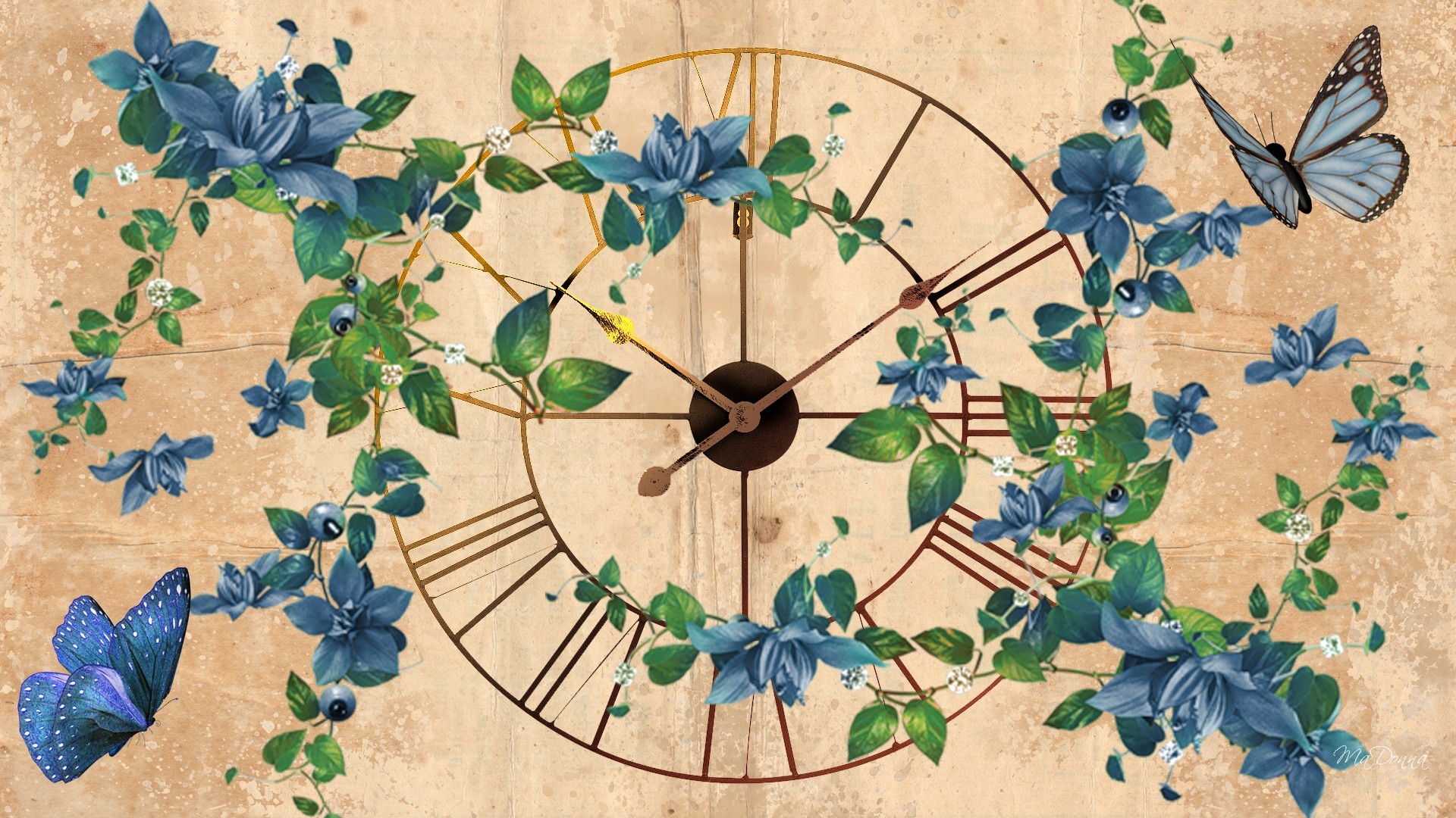 Artistic Blue Butterfly Clock Flower 1920x1080