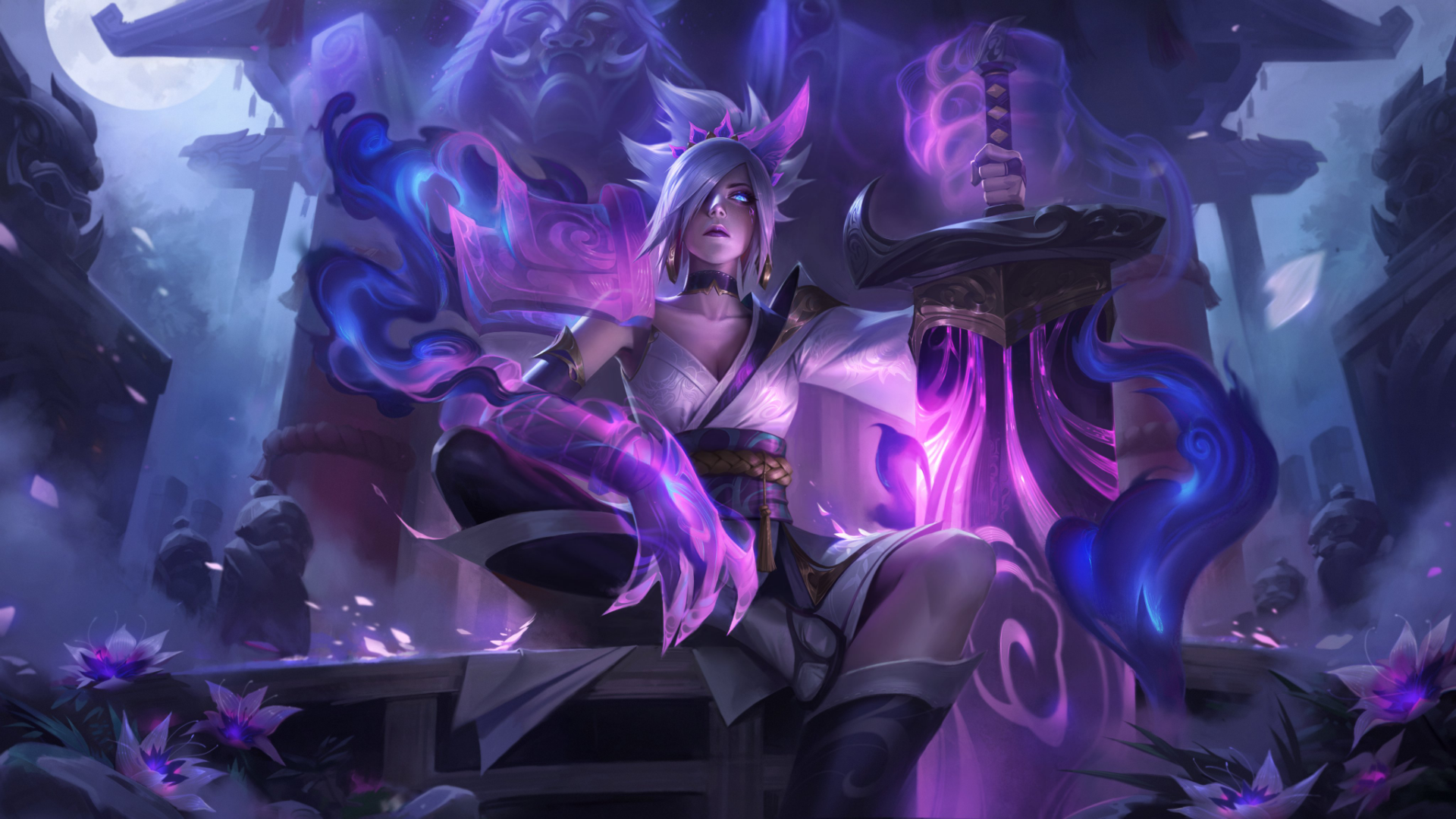 Riven League Of Legends Riven League Of Legends Spirit Blossom Purple Background Riot Games 1920x1080