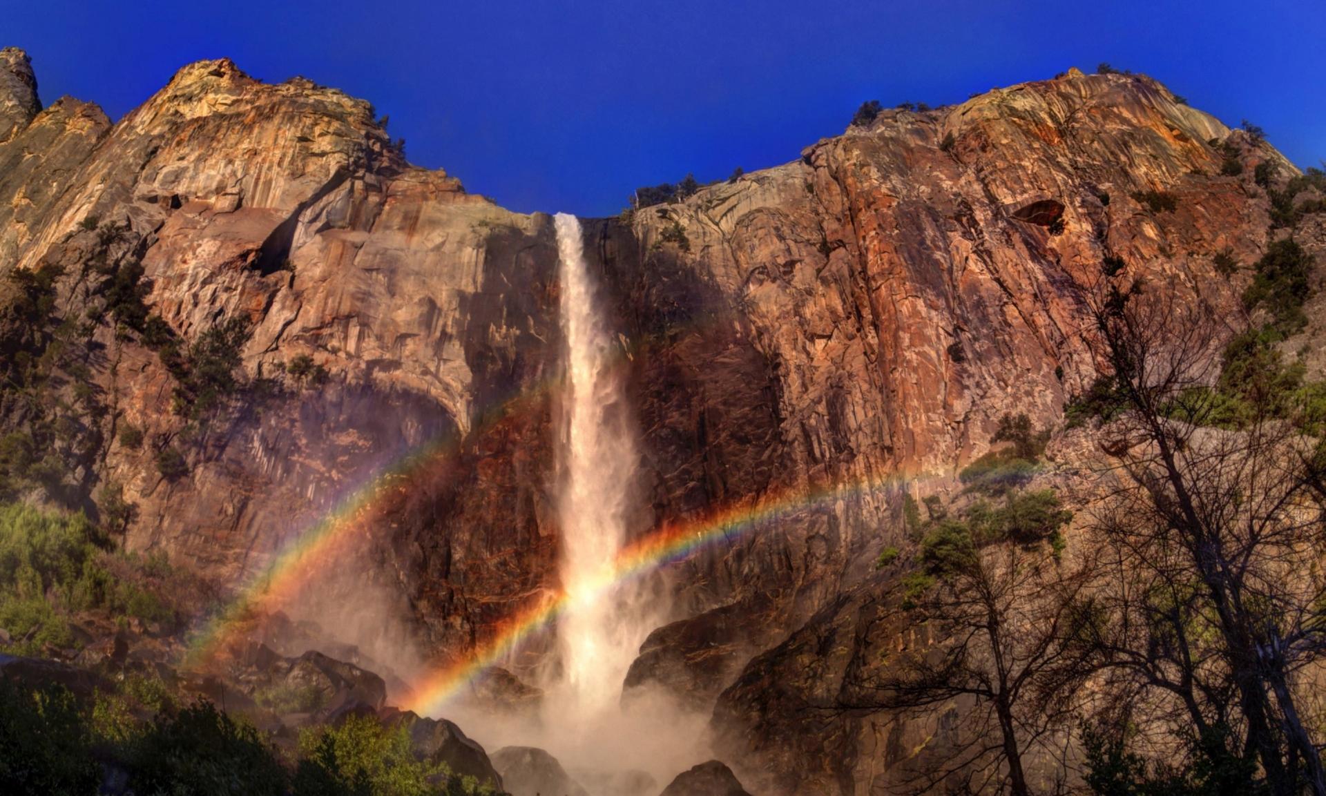 Cliff Earth Rainbow Waterfall Yosemite Falls 1920x1153