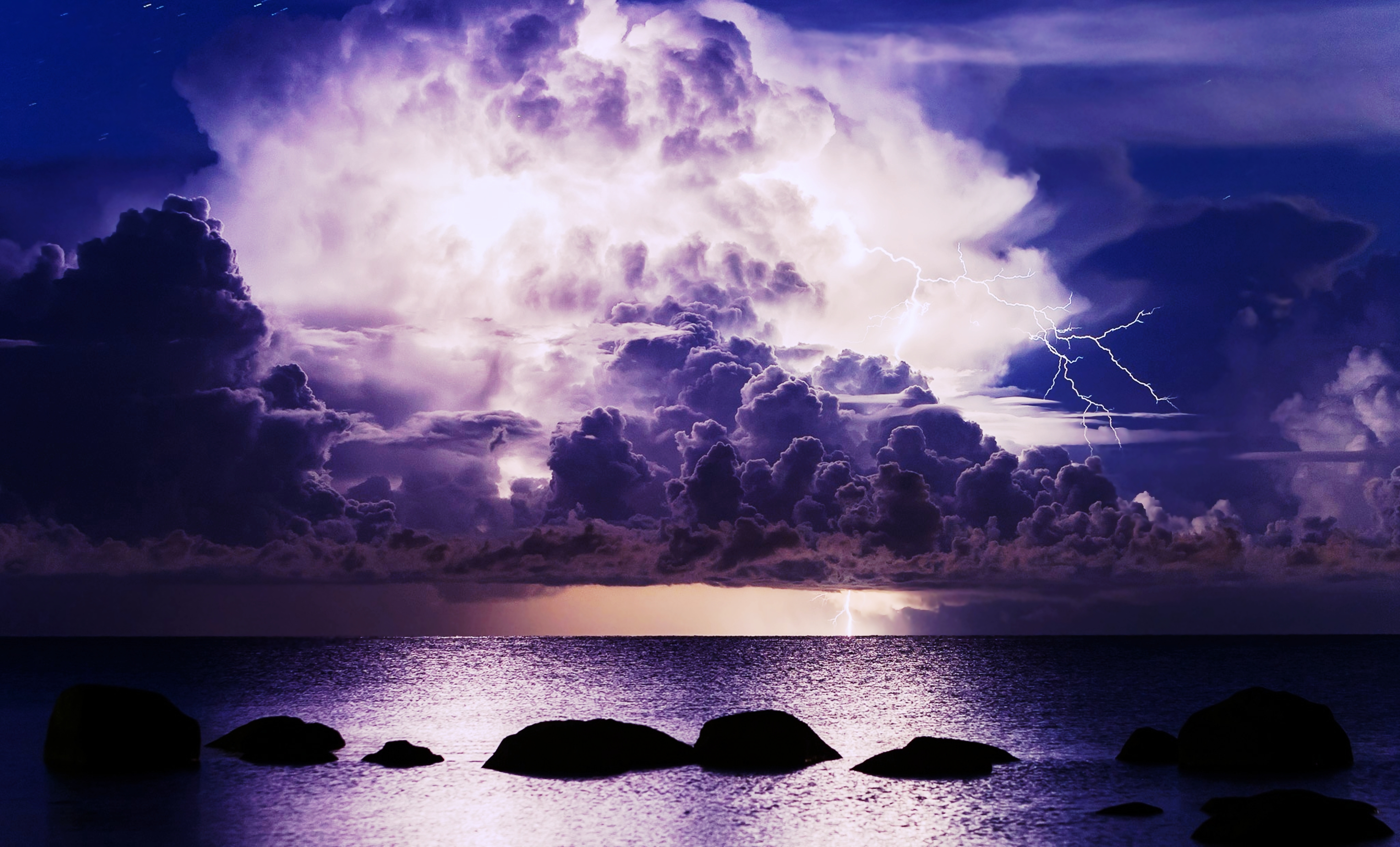 Cloud Landscape Lightning Nature Night Ocean Rock Sea Sky Storm 3840x2323