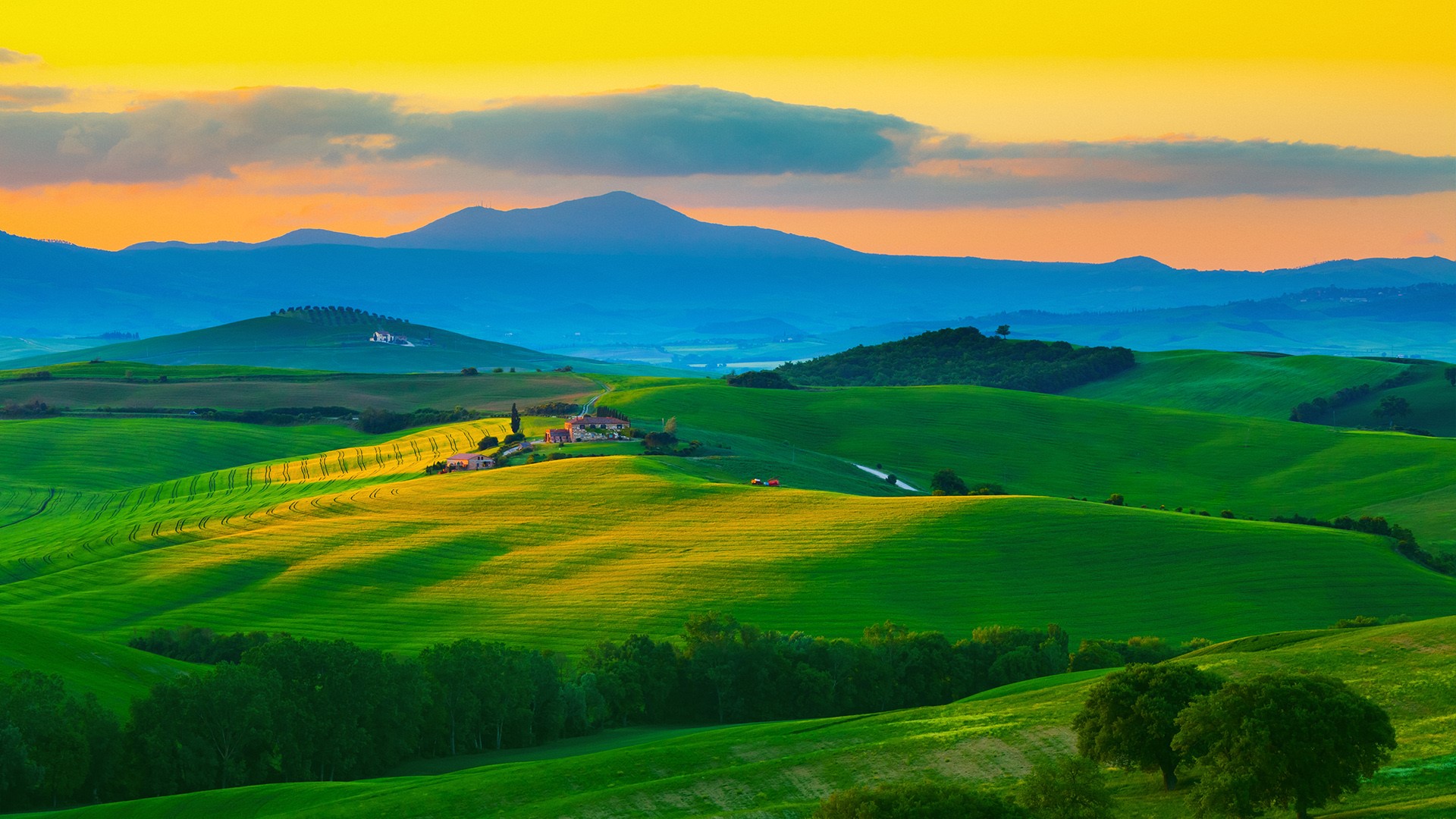 Nature Landscape Mountains Clouds Trees Sunset Grass Field Tuscany Italy 1920x1080