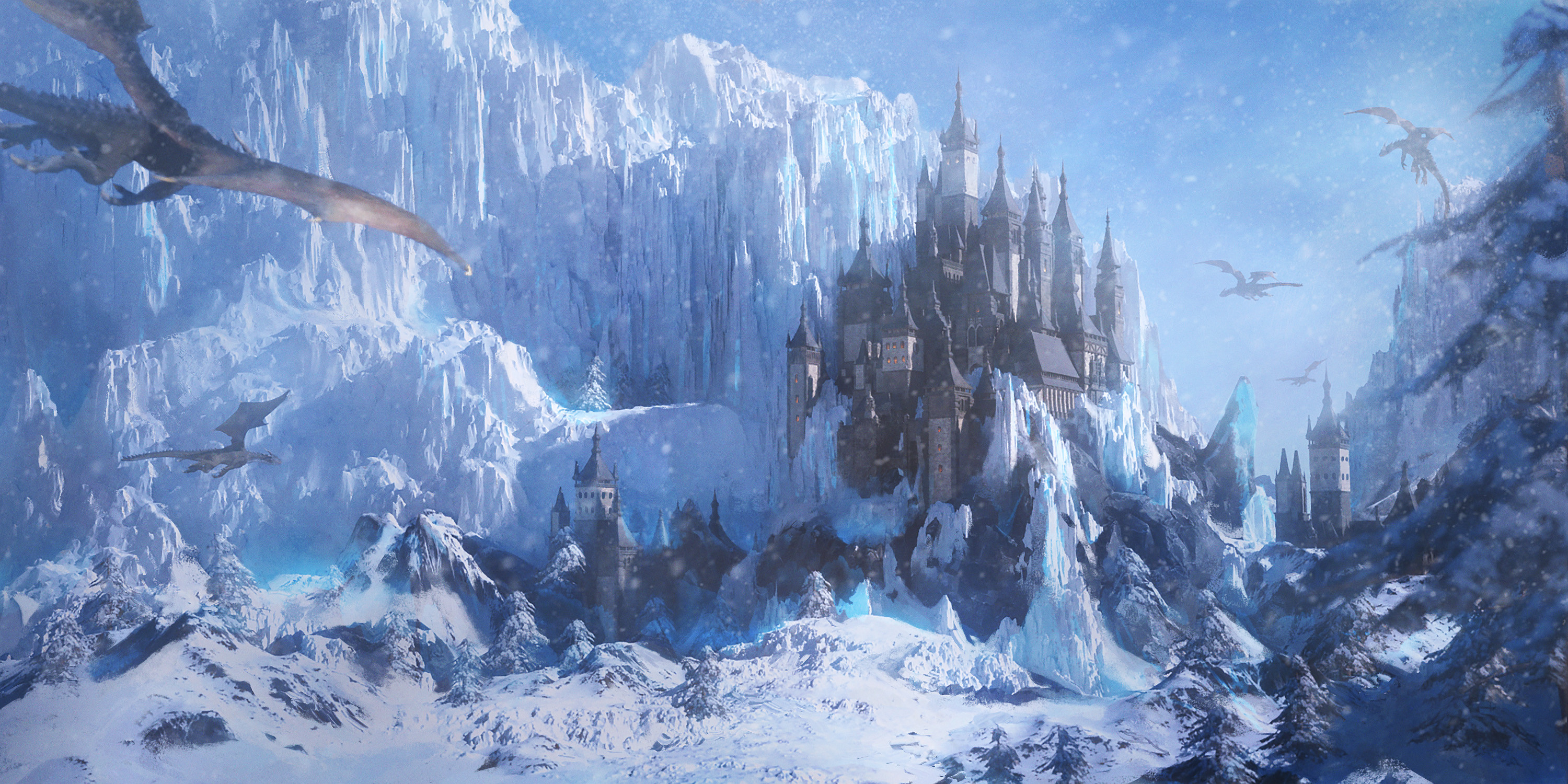 Arthur Yuan Digital Art Fantasy Art Dragon Castle Snow Ice Cliff Mountains Trees 3000x1500