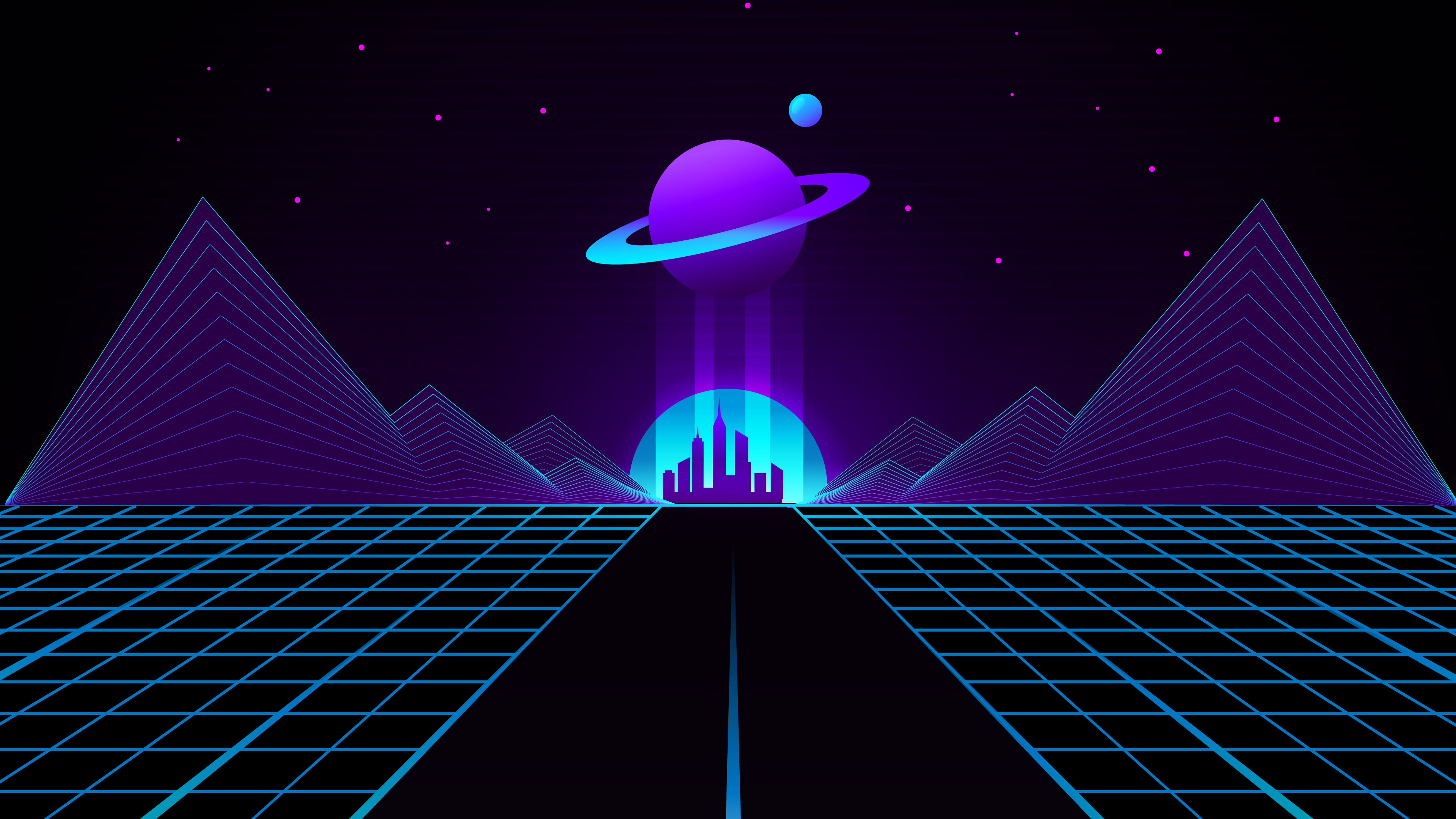Artwork Wireframe Mountains City Planet Saturn Stars Road OutRun 3840x2160