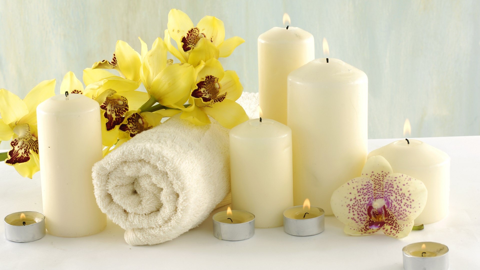 Candle Flower Orchid Spa Still Life Towel 1920x1080