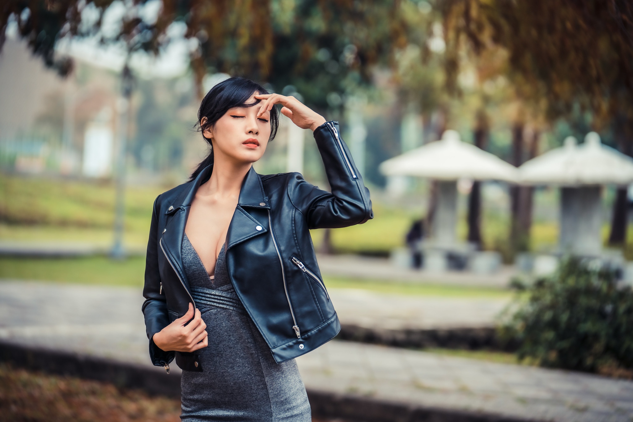 Asian Model Women Long Hair Brunette Grey Dress Leather Jackets Trees Bushes Grass Depth Of Field Cl 2048x1366