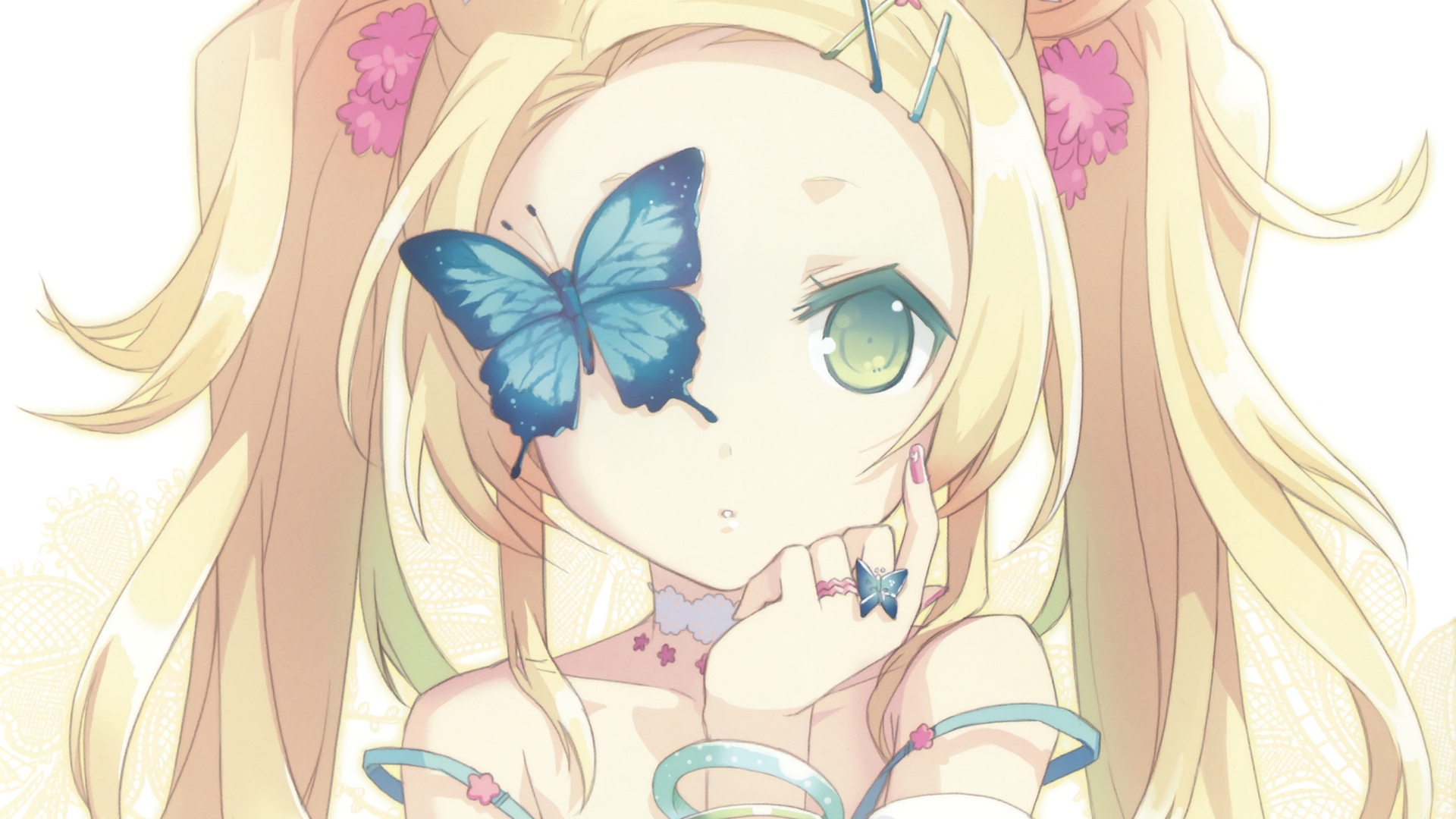 Anime Blonde Bracelet Butterfly Collar Girl Green Eyes Long Hair Ring Twintails 1920x1080