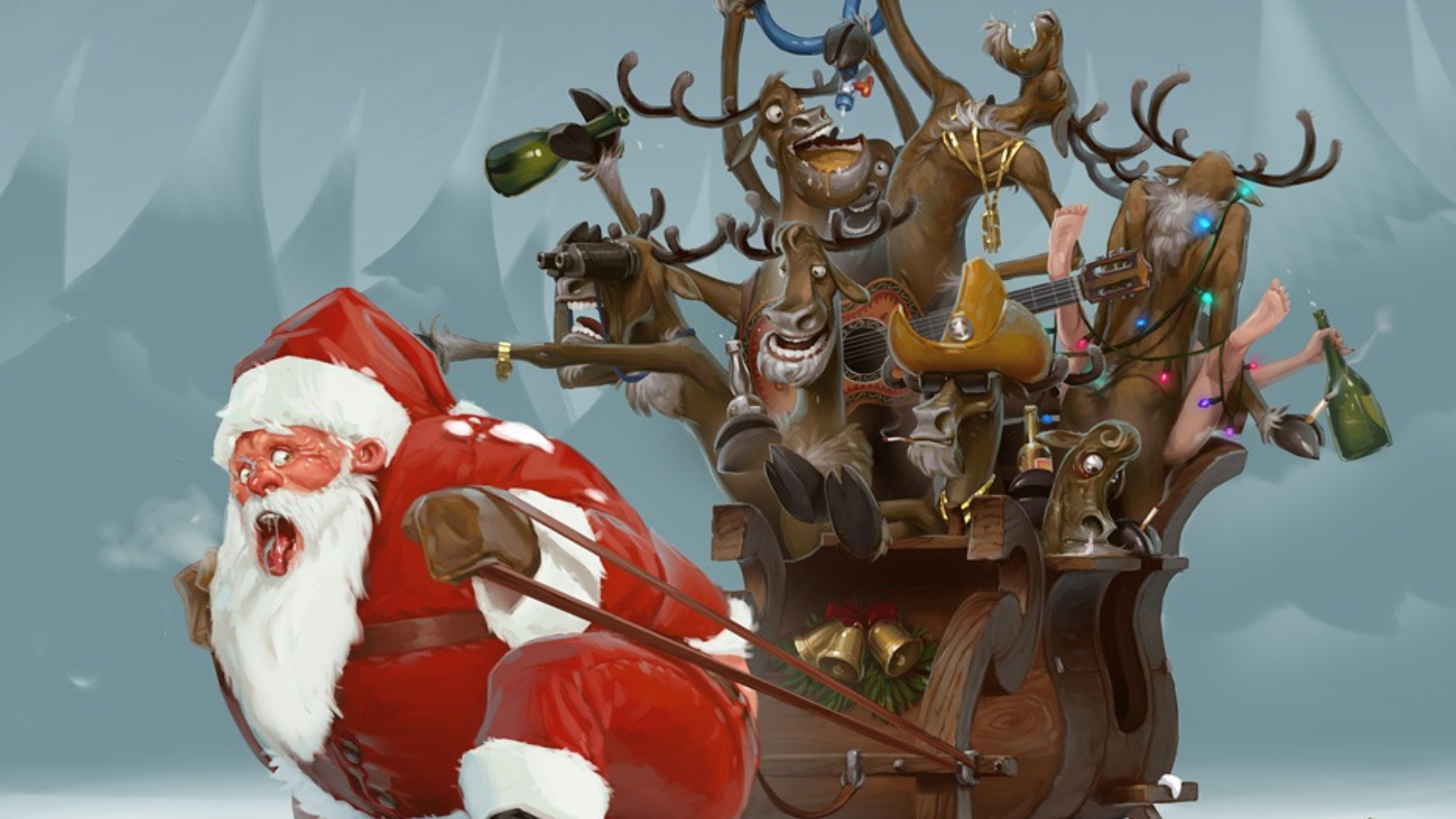 Christmas Humor Reindeer Santa Sleigh 1920x1080