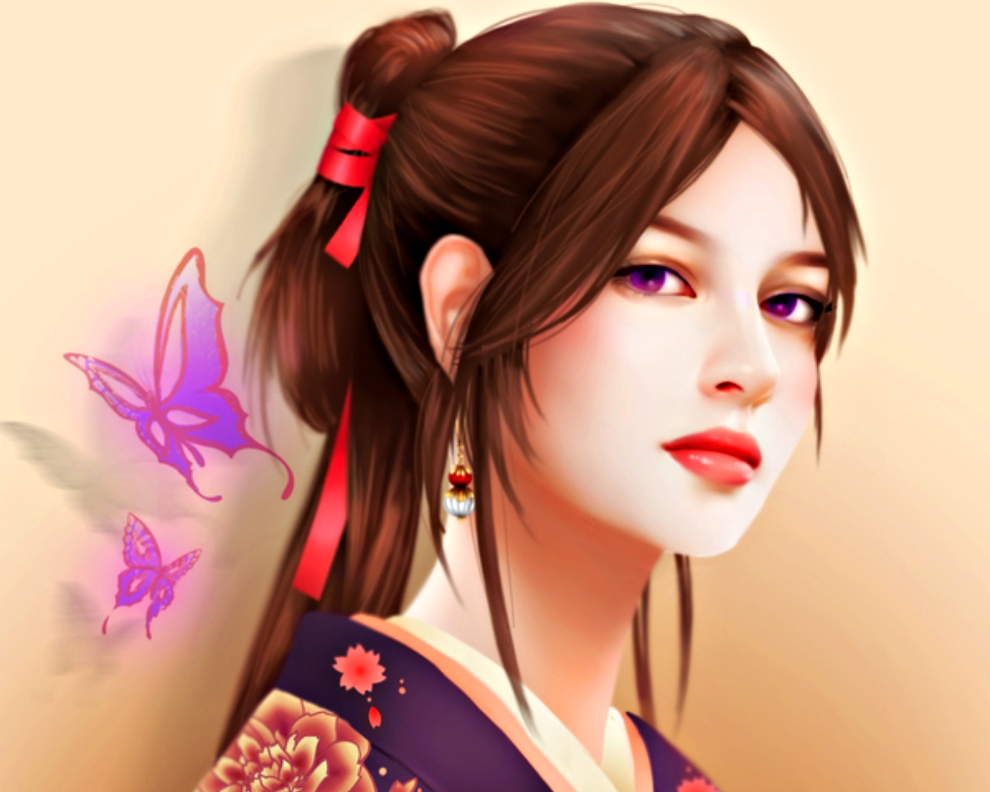 Butterfly Fantasy Geisha Girl Orient Purple Eyes Woman 2000x1600