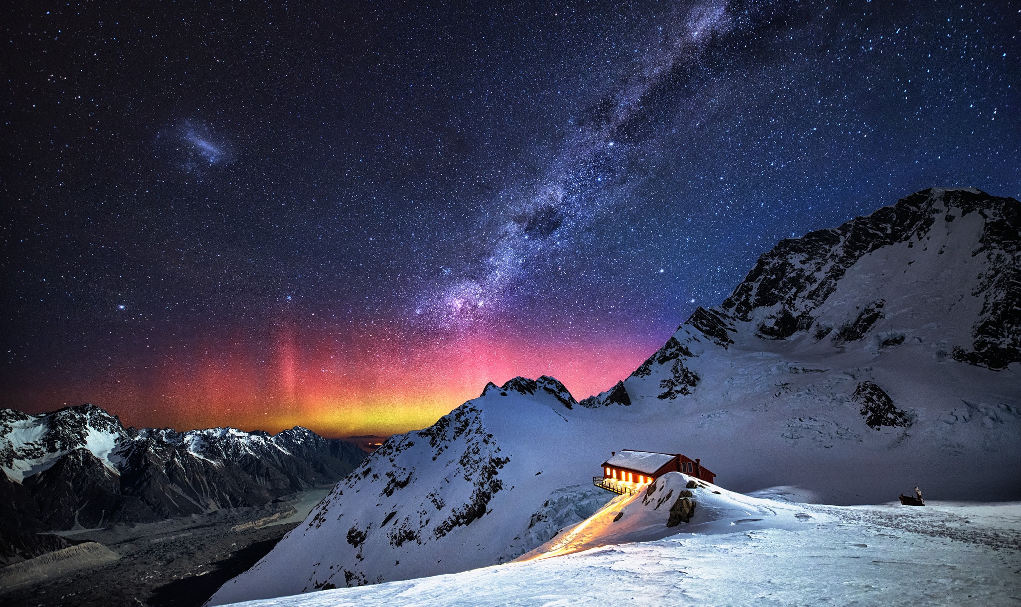 Earth Galaxy Landscape Milky Way Mountain Snow Starry Sky Stars Winter 2048x1219