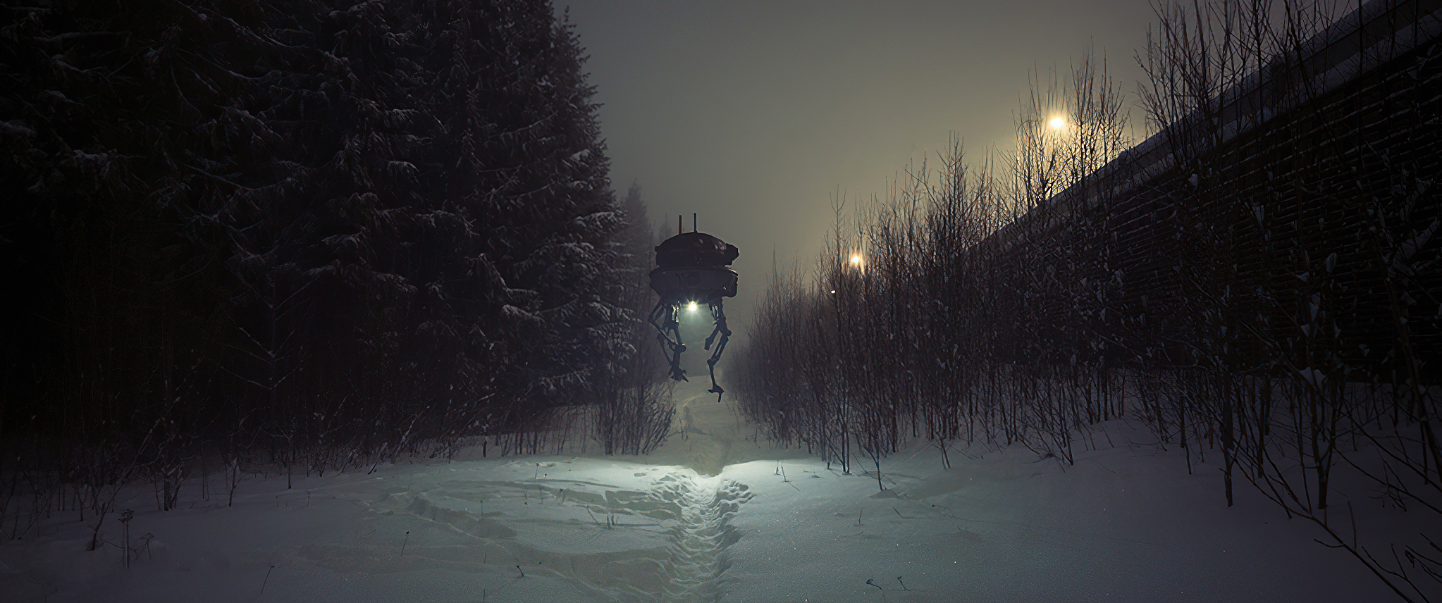 Science Fiction Robot Winter Snow Night Path Trees Bushes Wall Lights Dark Mist Artwork Fantastic Re 2046x856